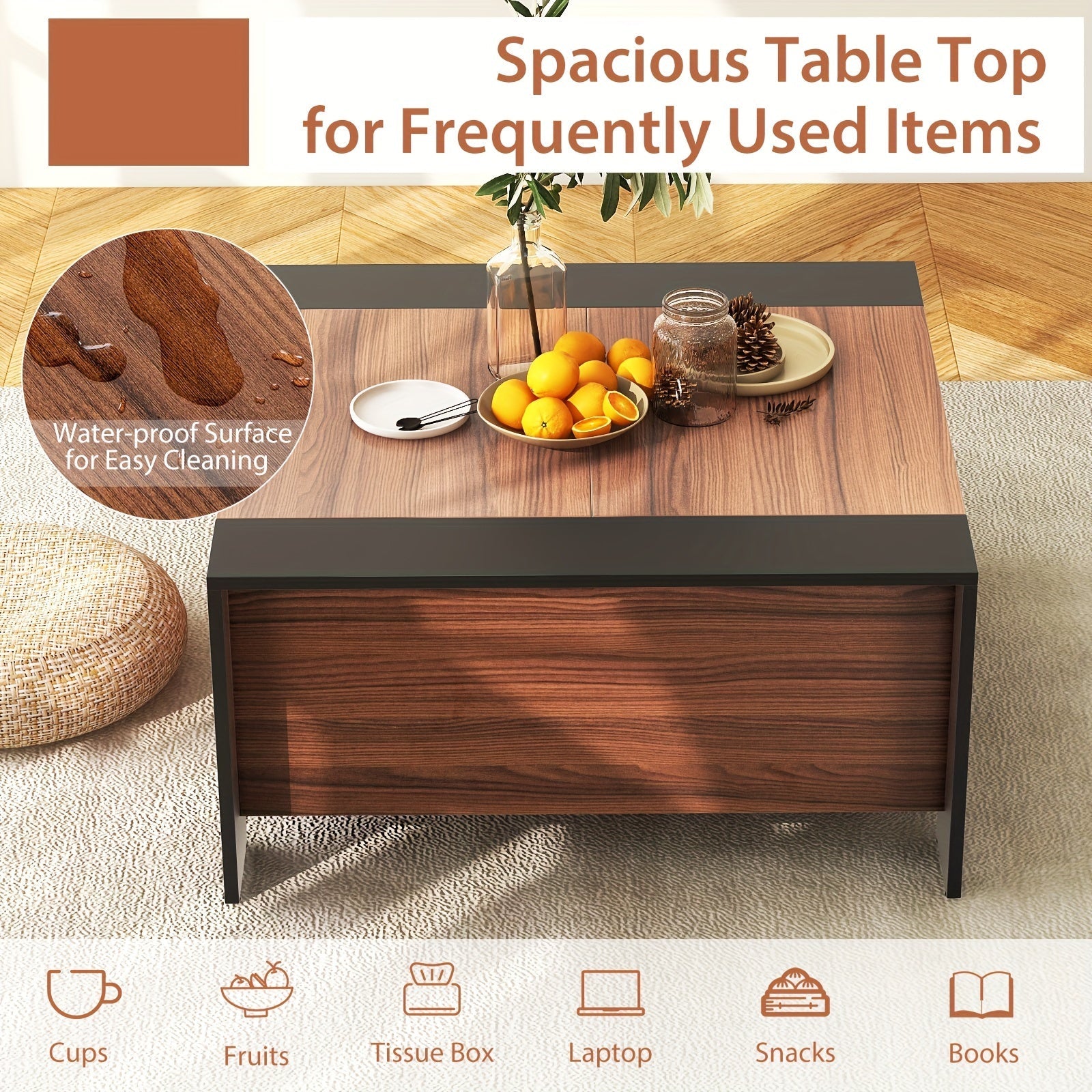 1pc Rustic Wooden Farmhouse Coffee Table with Hidden Storage - Extendable Sliding Top 5 Sturdy Feet Uncharged Wood