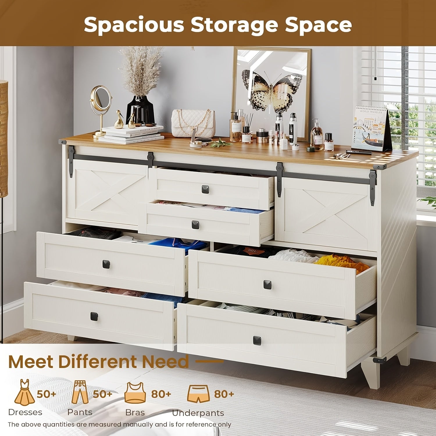 Charming Farmhouse 6-Drawer Dresser with Sliding Barn Doors - Versatile White Chest of Drawers with X-Shaped Metal Frame, Ideal for Bedroom or Living Room Storage, Easy Assembly