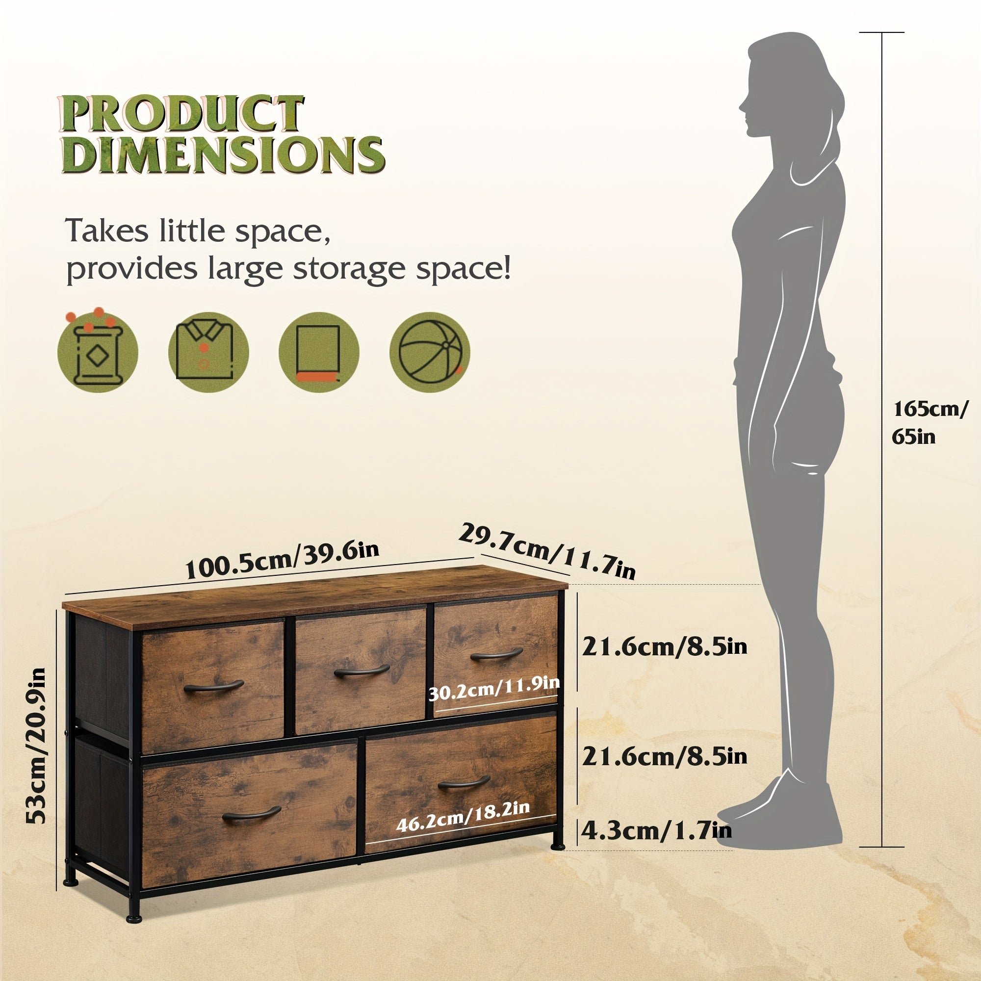 Dresser for Bedroom with 5 Drawers Wide Chest of Drawers Fabric Dresser Storage Organizer Unit with Fabric Bins
