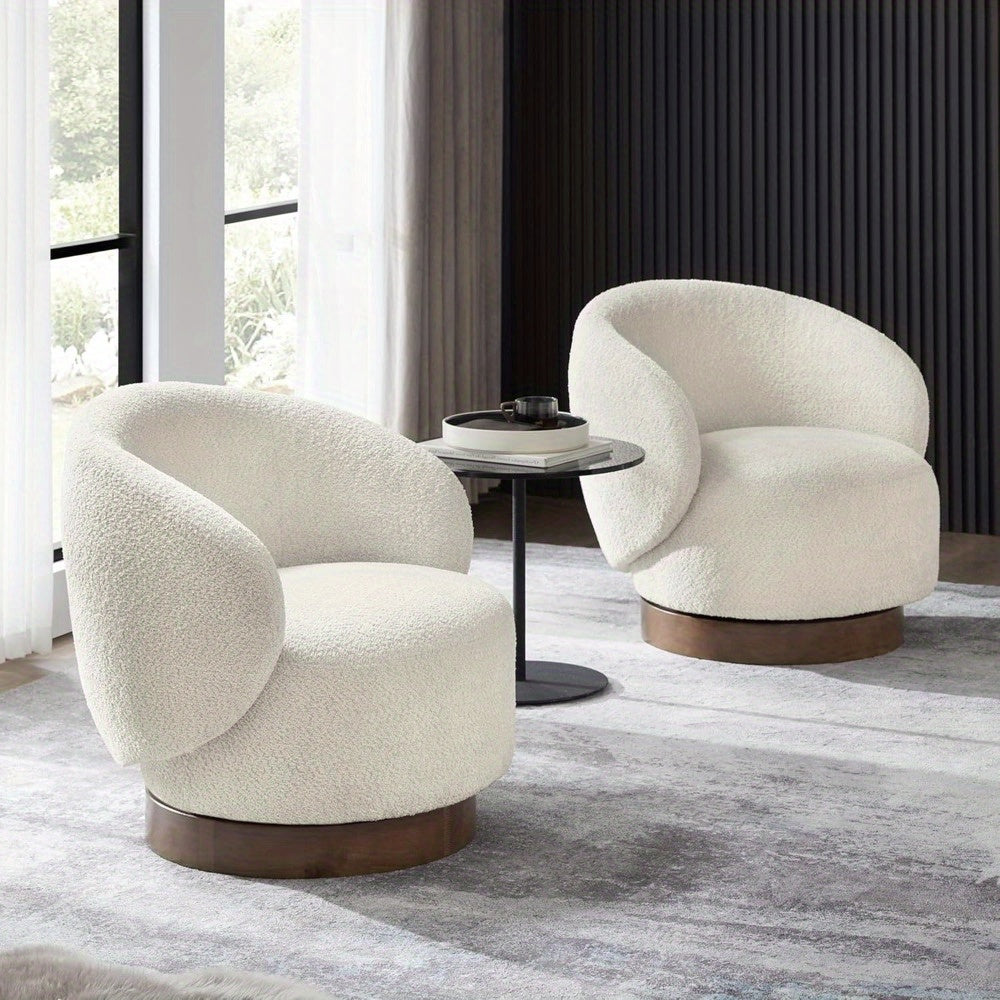 1pc Cream Swivel Accent Chair, Round Barrel Armchair with Upholstered Performance Fabric, Solid Back, Hardwood Material, Non-Adjustable Recline, Wipe Clean Care, for Living Room Bedroom Waiting Room