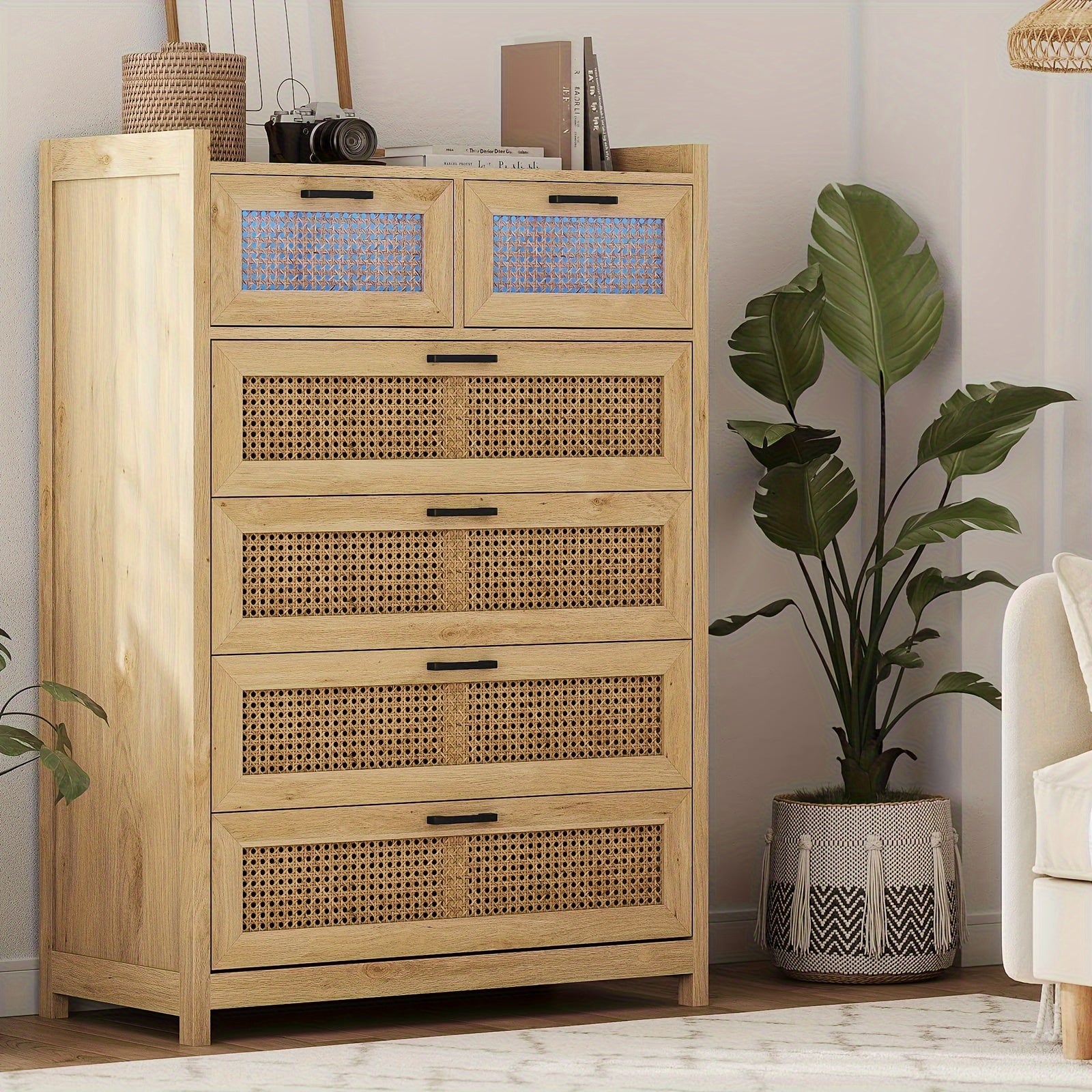 6 Drawer Dresser for Bedroom Natural Rattan Dressers with LED Light Tall Dressers Morden Chests of Drawers Dresser