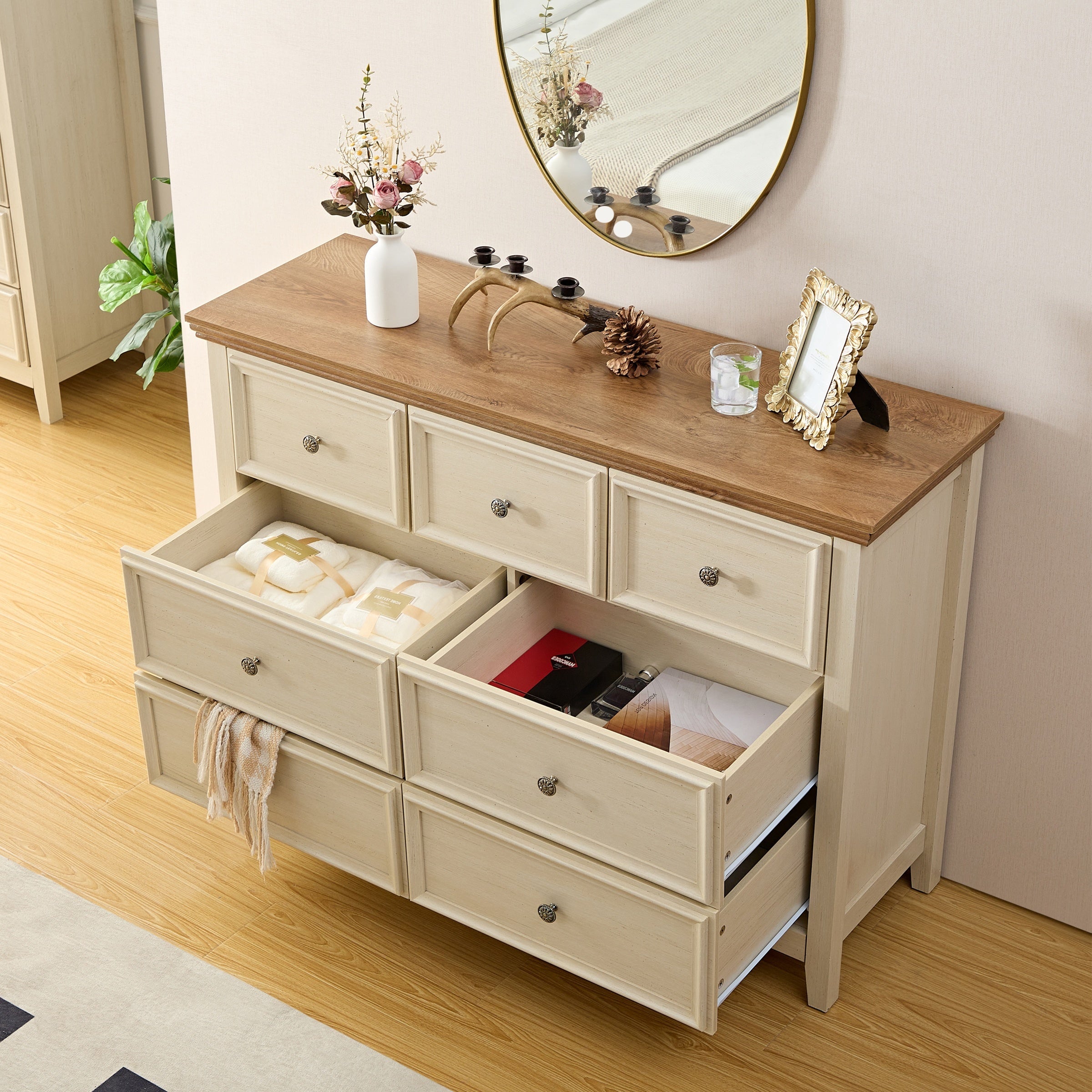 Dresser For Bedroom With 6 Drawers 5 Drawer Tall Chest Of Drawers For Bedroom Beige Wood Modern Storage Cabinet With 7