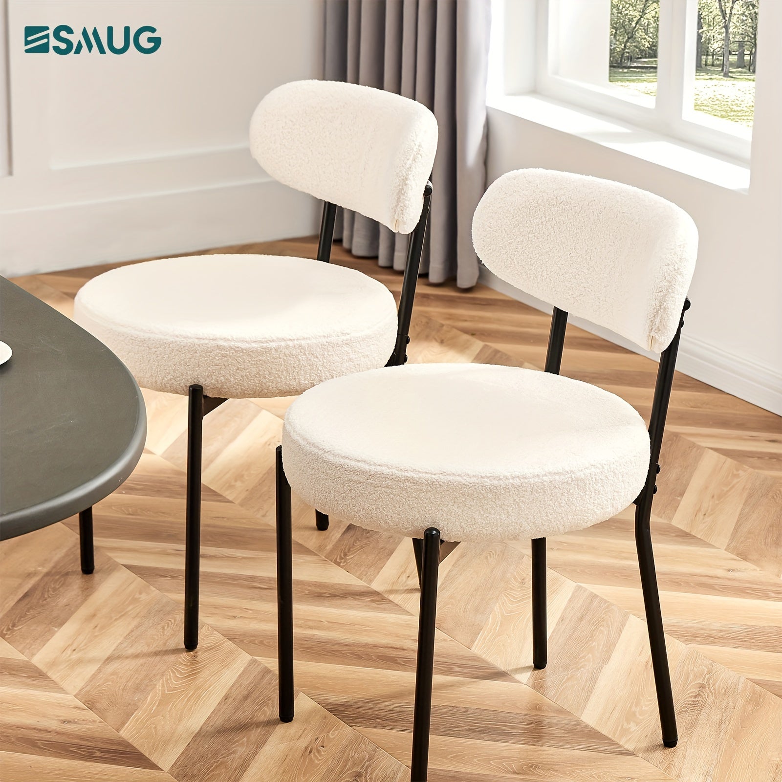 Set of Dining Chairs, Boucle Upholstered Kitchen Seating with Curved Backrest And Metal Legs, Mid-Century Modern Round Chairs for Dining Room Or Vanity Area in Living Room., Contemporary Dining Chairs|Stylish Dining Setup|Mod