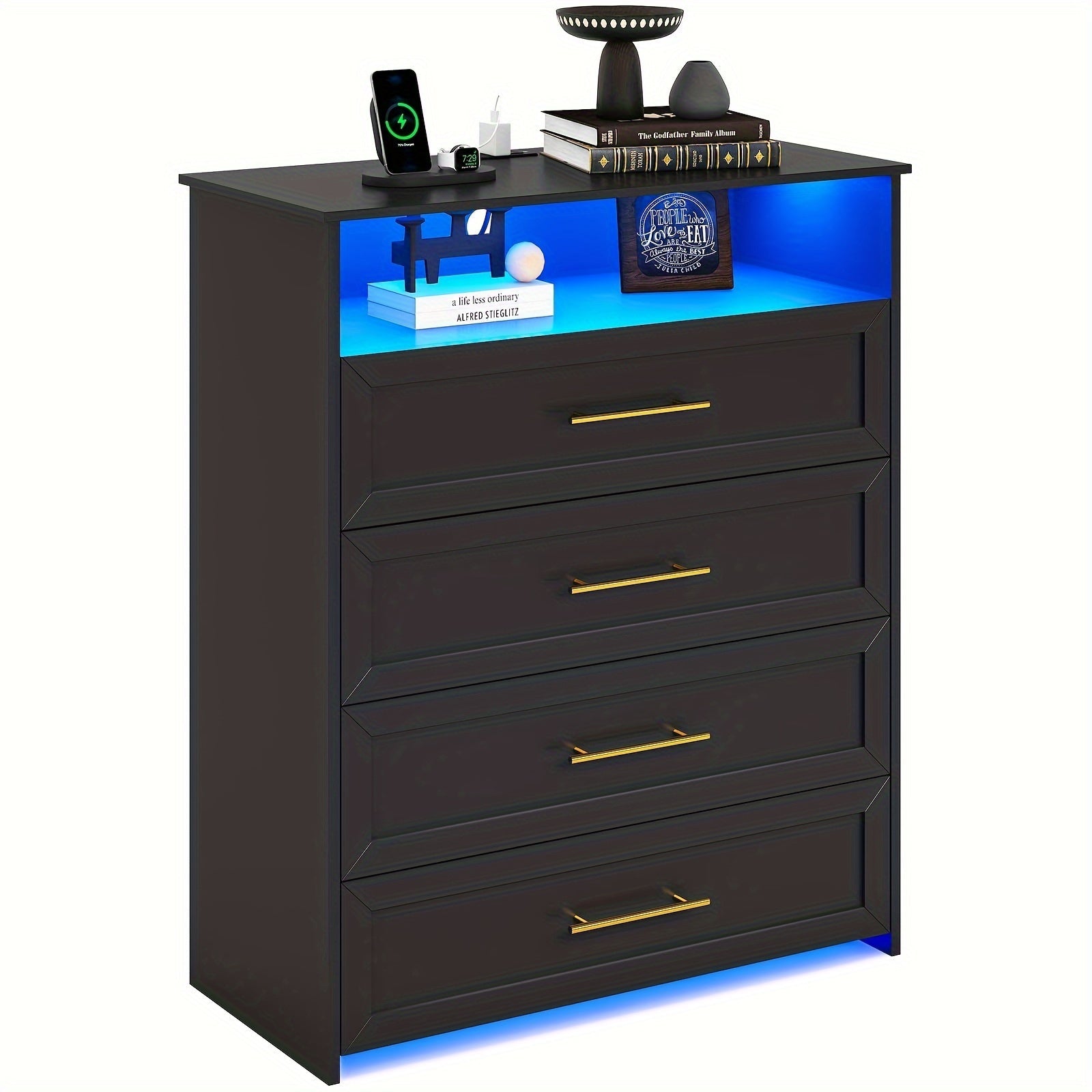 Vanity Dresser 101cm Tall Wood Chest Of Drawers 4 Drawers Dresser For Bedroom With Metal Handle Black Storage Dresser