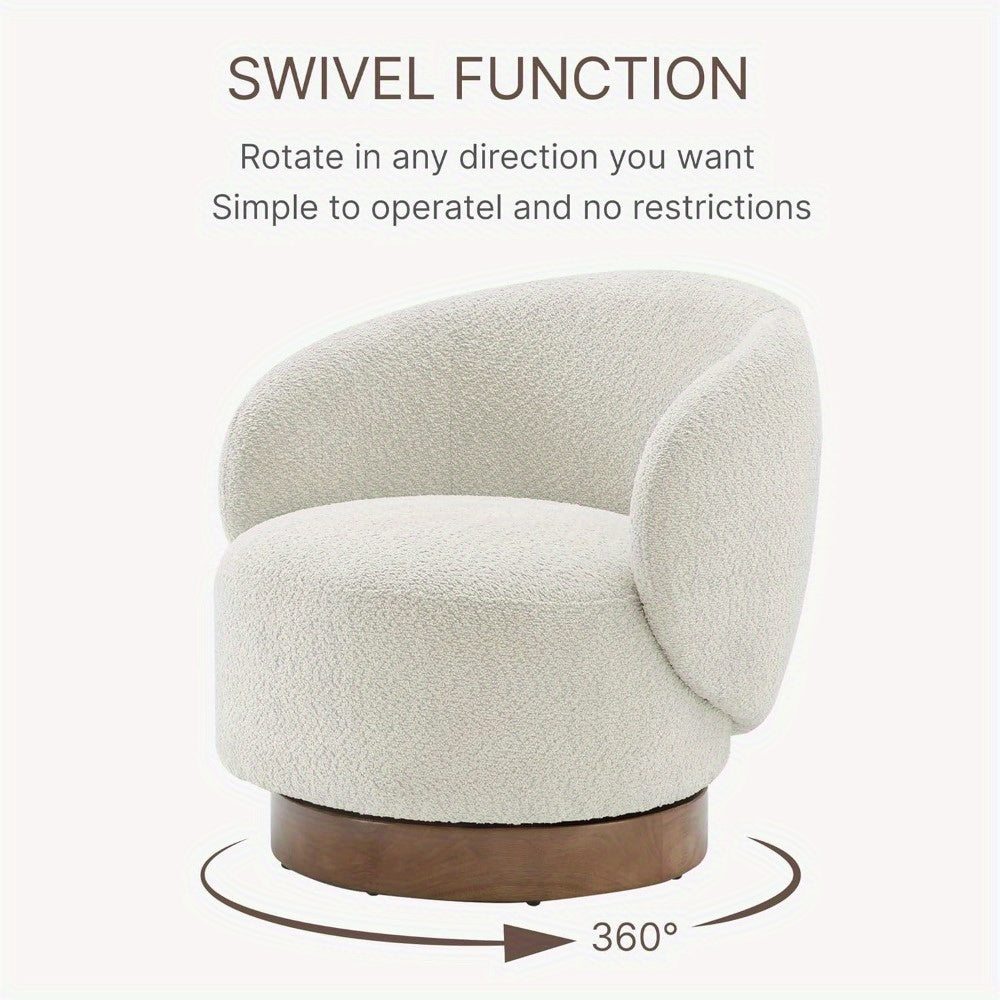 1pc Cream Swivel Accent Chair, Round Barrel Armchair with Upholstered Performance Fabric, Solid Back, Hardwood Material, Non-Adjustable Recline, Wipe Clean Care, for Living Room Bedroom Waiting Room