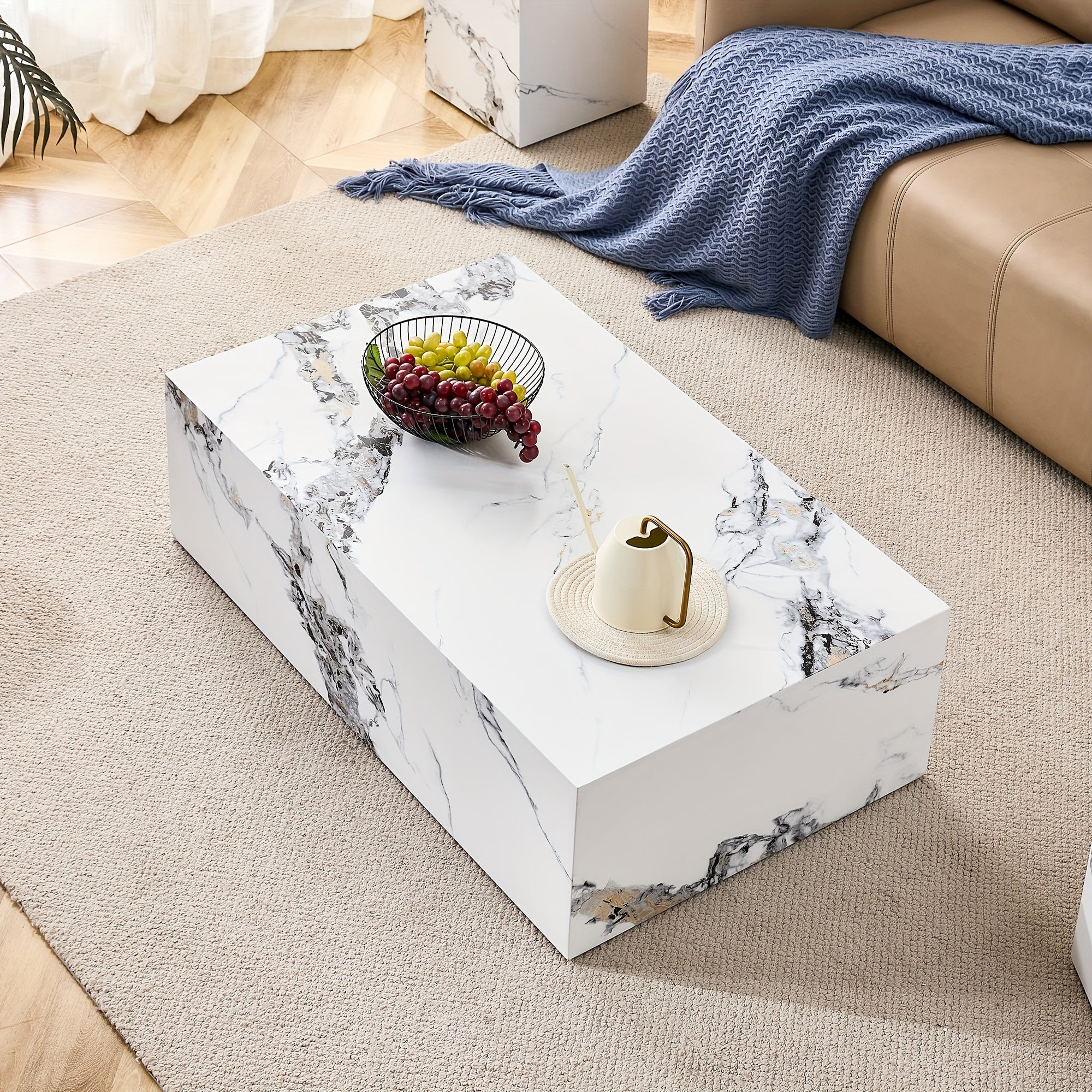 40 Inch Modern Coffee Table With Marble Pattern, Tea Table With Stylish And Durable Design For Living Room, Dining Room And Bedroom (White).