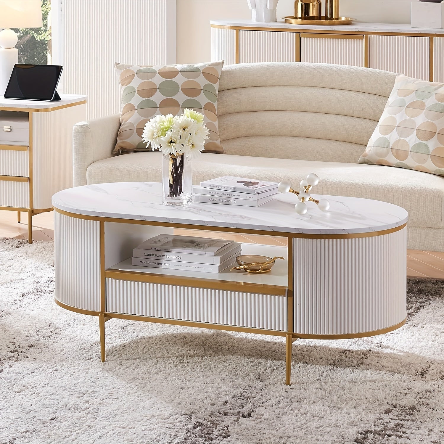 Modern Luxury Fluted Coffee Table, 122cm Oval Coffee Table With Drawer, Faux Marble Top, Curved Profile Design, Golden Metal Decor, Center Table For Living Room