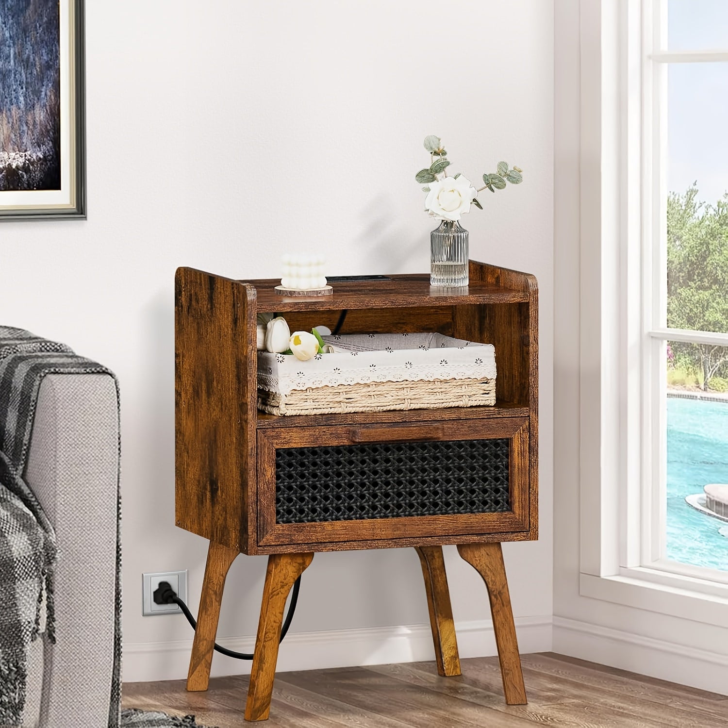 Rattan Nightstand With Charging Station, Side Table With Drawer Open Shelf, Cane Accent Bedside End Table With Solid Wood Legs, Night Stand For Bedroom, Dorm And Small Spaces (Brown)