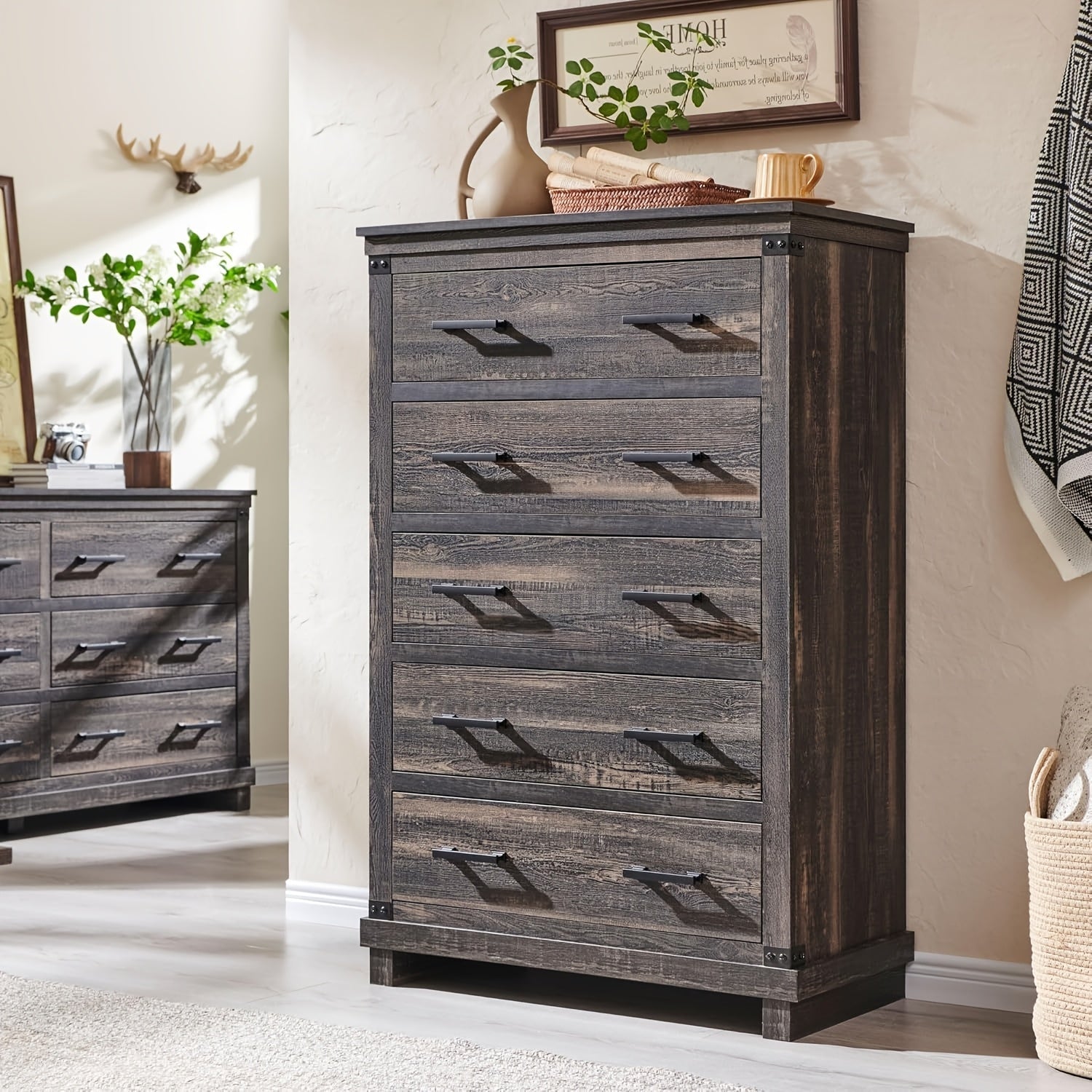 Farmhouse 5 Drawers Dresser For Bedroom, 48" Tall Wood Chest Of Drawers W/Natural Texture & Metal Handle, Rustic Storage Dressers Organizer For Living Room, Hallway