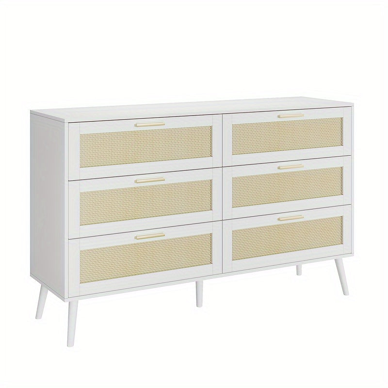 Elegant White Rattan 6-Drawer Dressing Table with Golden Handles | Modern Storage Cabinet with Textured Front Panels