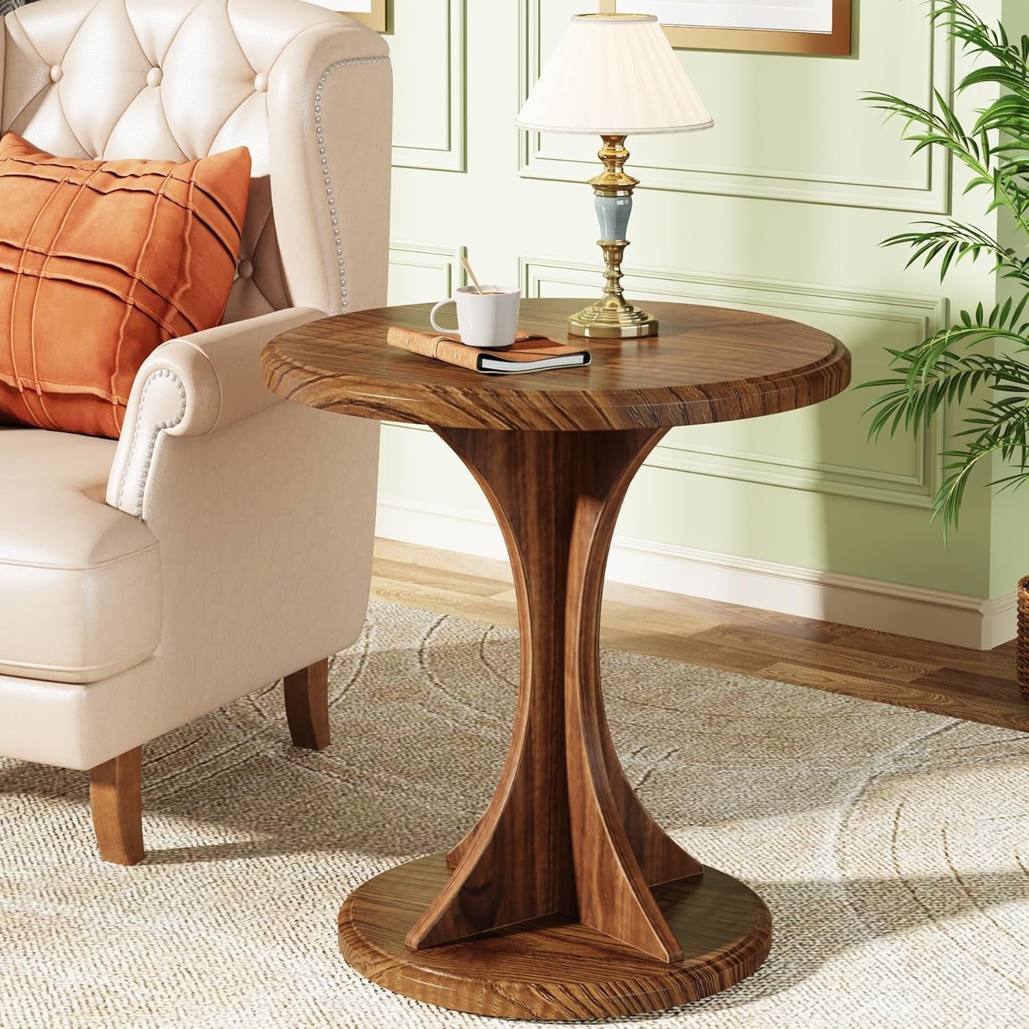 Round End Side Table: Wood Small Sofa Chair Side Table for Living Room, Office, Mid-Century Bedside Nightstand for Bedroom, Accent Table, Easy Assembly