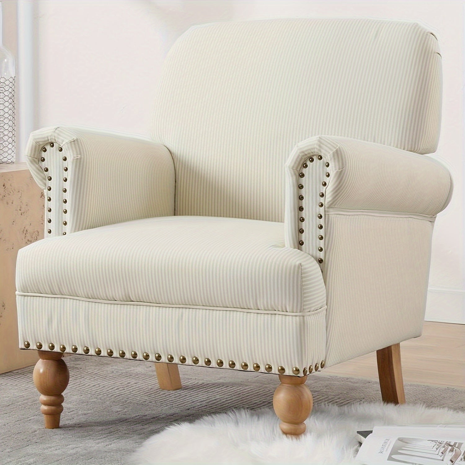 1pc Linen Accent Chair for Living Room Upholstered Mid Century Modern Single Sofa Chair with Solid Wood Legs Comfy Reading Chair Armchair for Bedroom/Office Room/Recption/Lounge