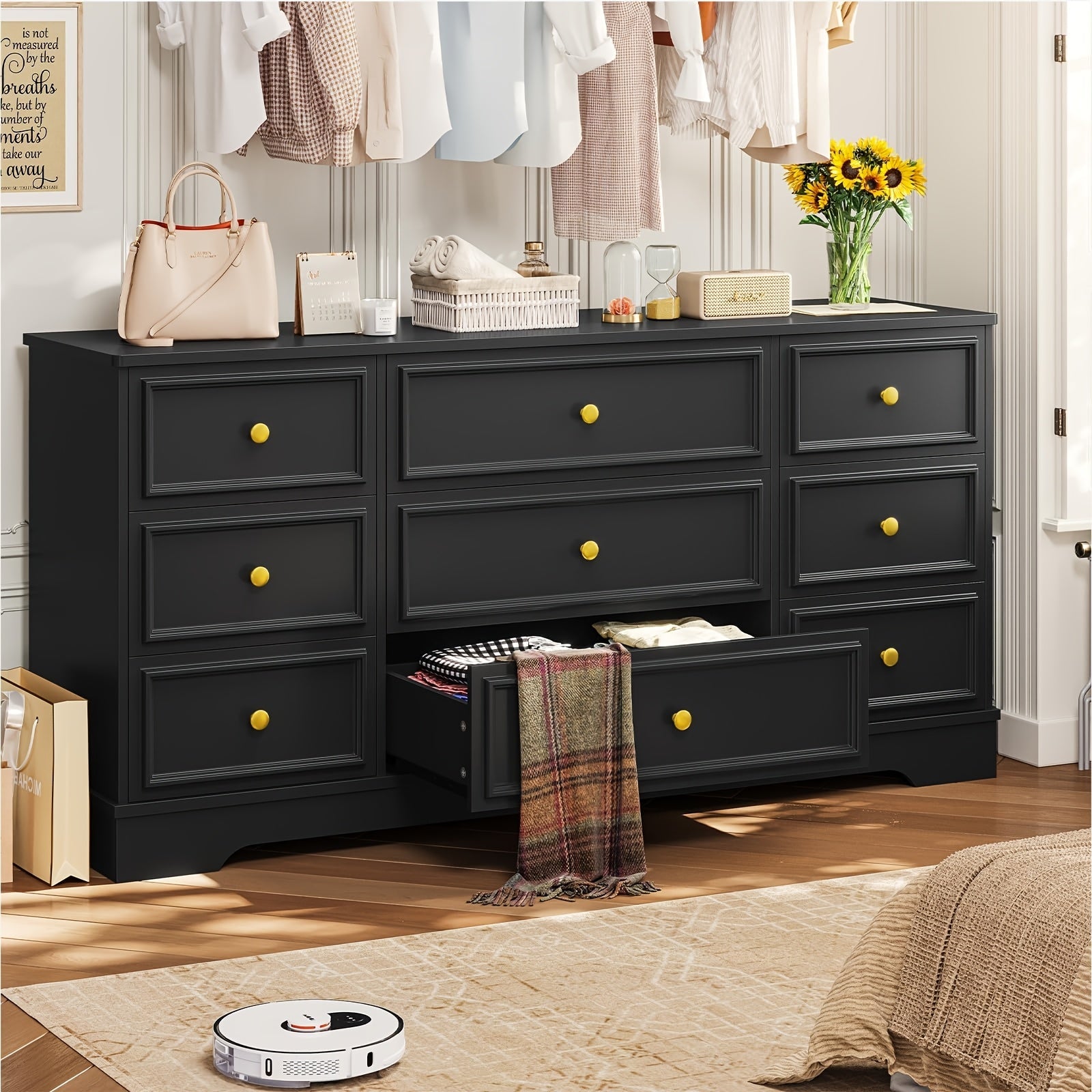 Large 9 Drawer Dresser for Bedroom, 61.4 Inch Long Modern Chest Of Drawers, Wide Dressing Wardrobe, Bedroom Furniture Organizer