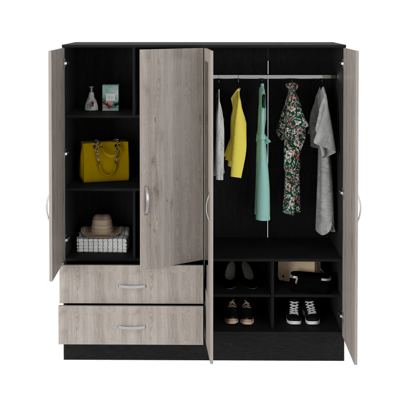 160" Armoire with Six Shelves, Two Double Doors & Dual Mirrors - Black & Light Gray Wardrobe for Bedroom or Hallway Storage, Clothing Storage|Classic Wardrobe Design|Functional Storage, Closet for Clothes