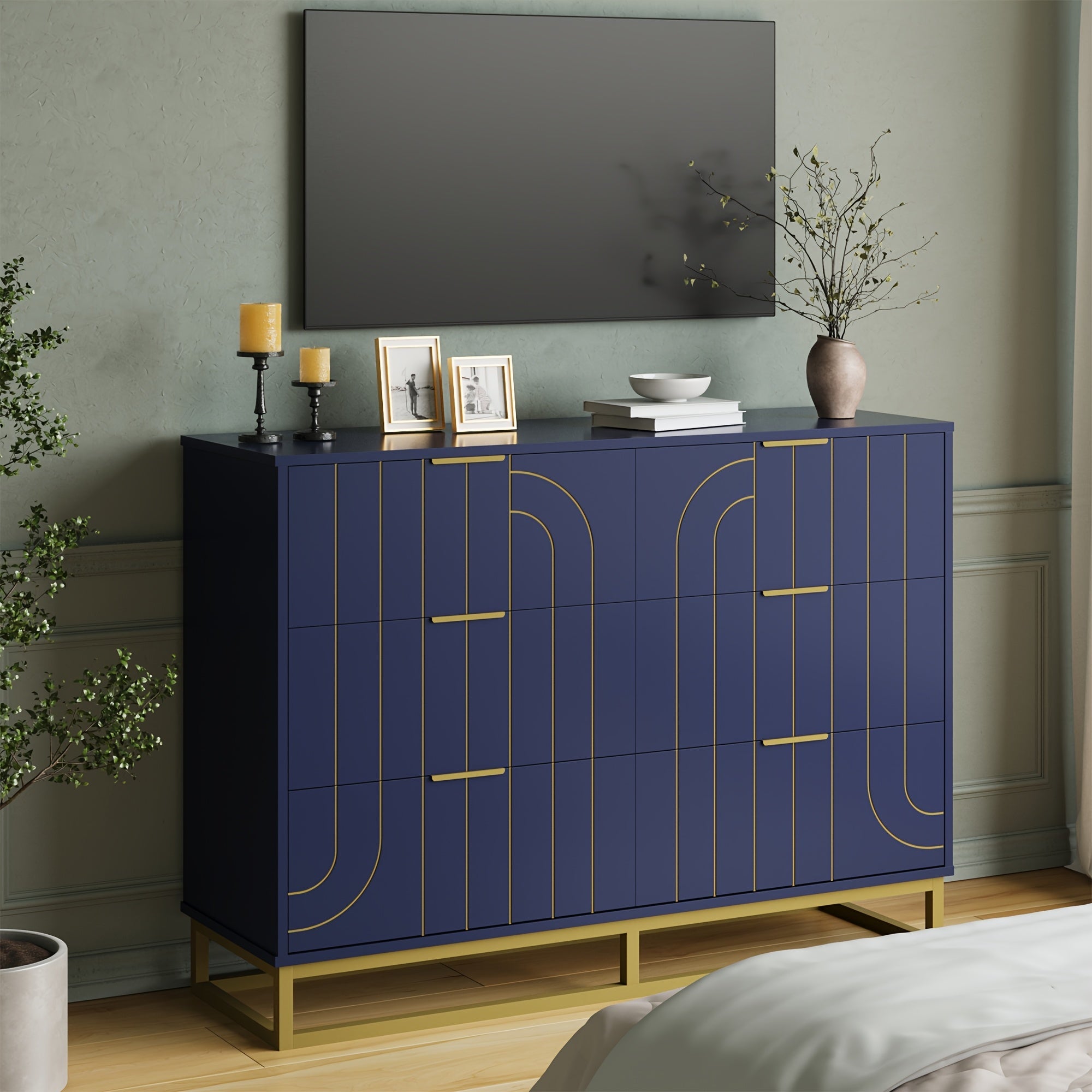 Elegant 48" Dark Blue & Golden Modern Wooden Dresser - Versatile File Storage Cabinet with 6 Drawers, Easy Assembly, Durable Construction for Bedroom, Living Room & Office - Ideal Housewarming Gift for Home Decor Enthusiasts,