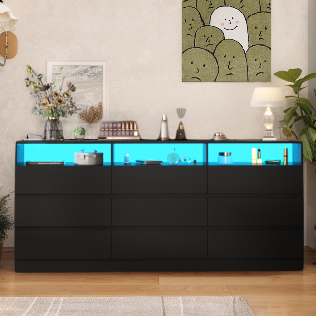 9 Drawers Vanity Desk With Power Outlet & Lights Makeup Vanity Table Dressing Table For Women Girls - 9 Drawers - Black