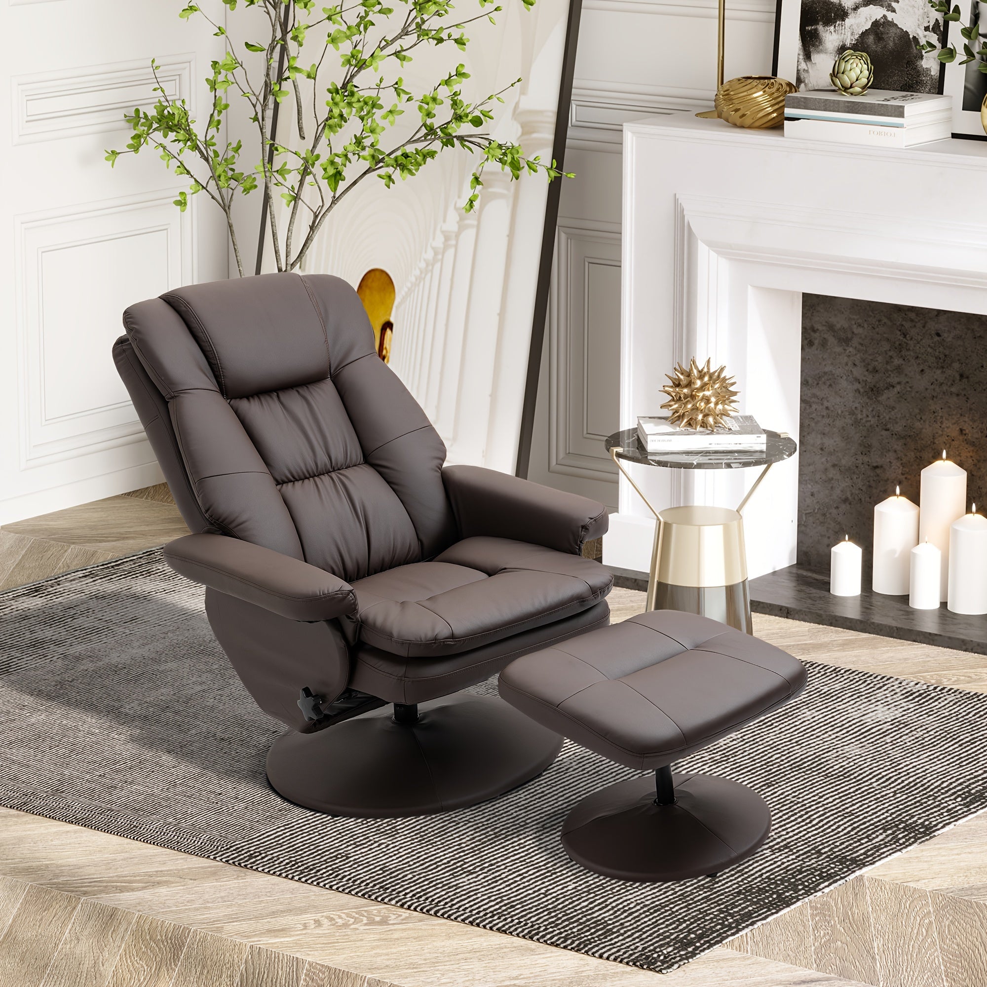 Swivel Recliner with Ottoman, PU Leather Reclining Chair with Ottoman, Upholstered Recliner and Footrest with Wrapped Base for Living Room, Bedroom and Home Office, Brown