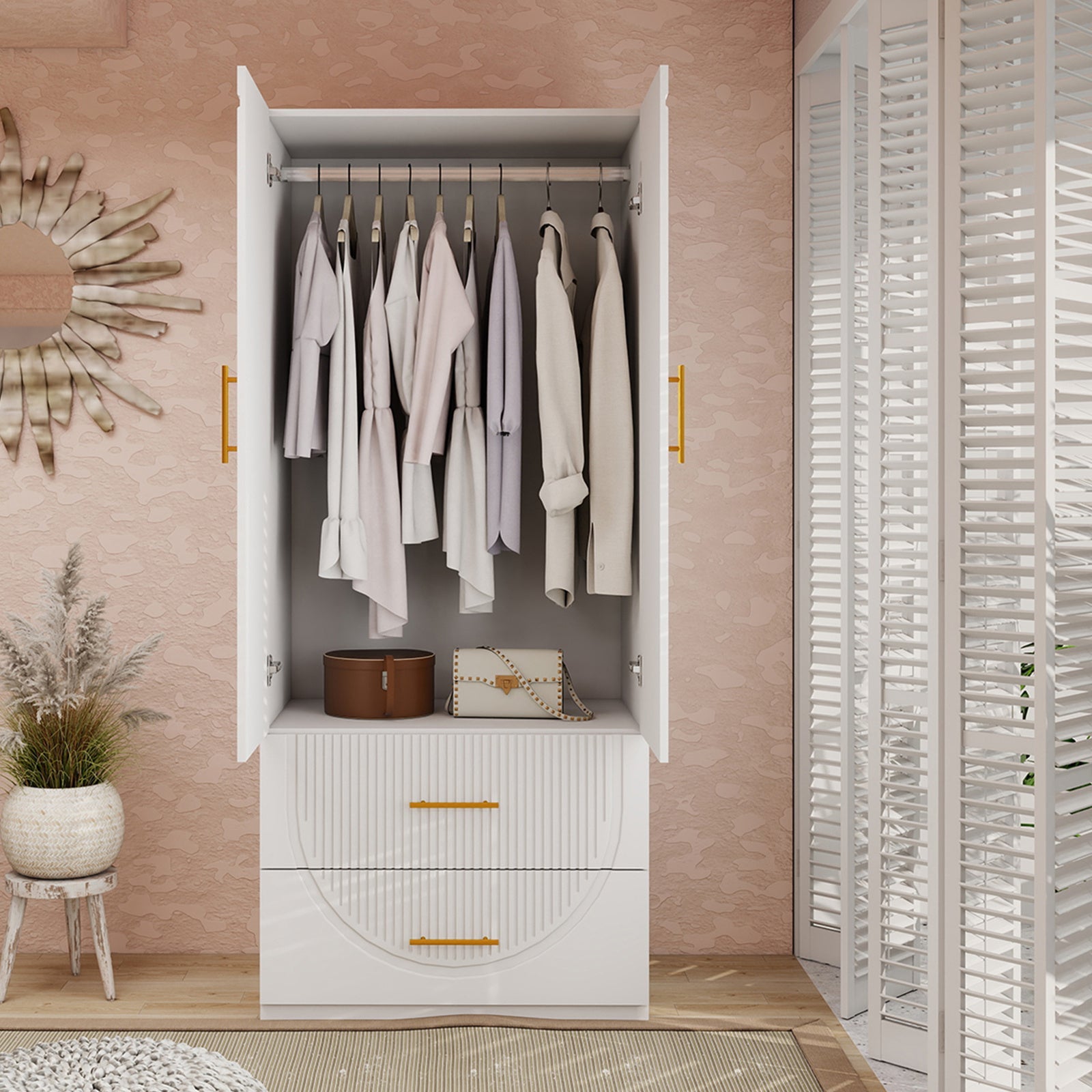 White 2-Door Armoire with Hanging Space & Drawers - Spacious Wooden Bedroom Closet for Efficient Clothing Storage, Wardrobe Closet, Bedroom Wardrobe