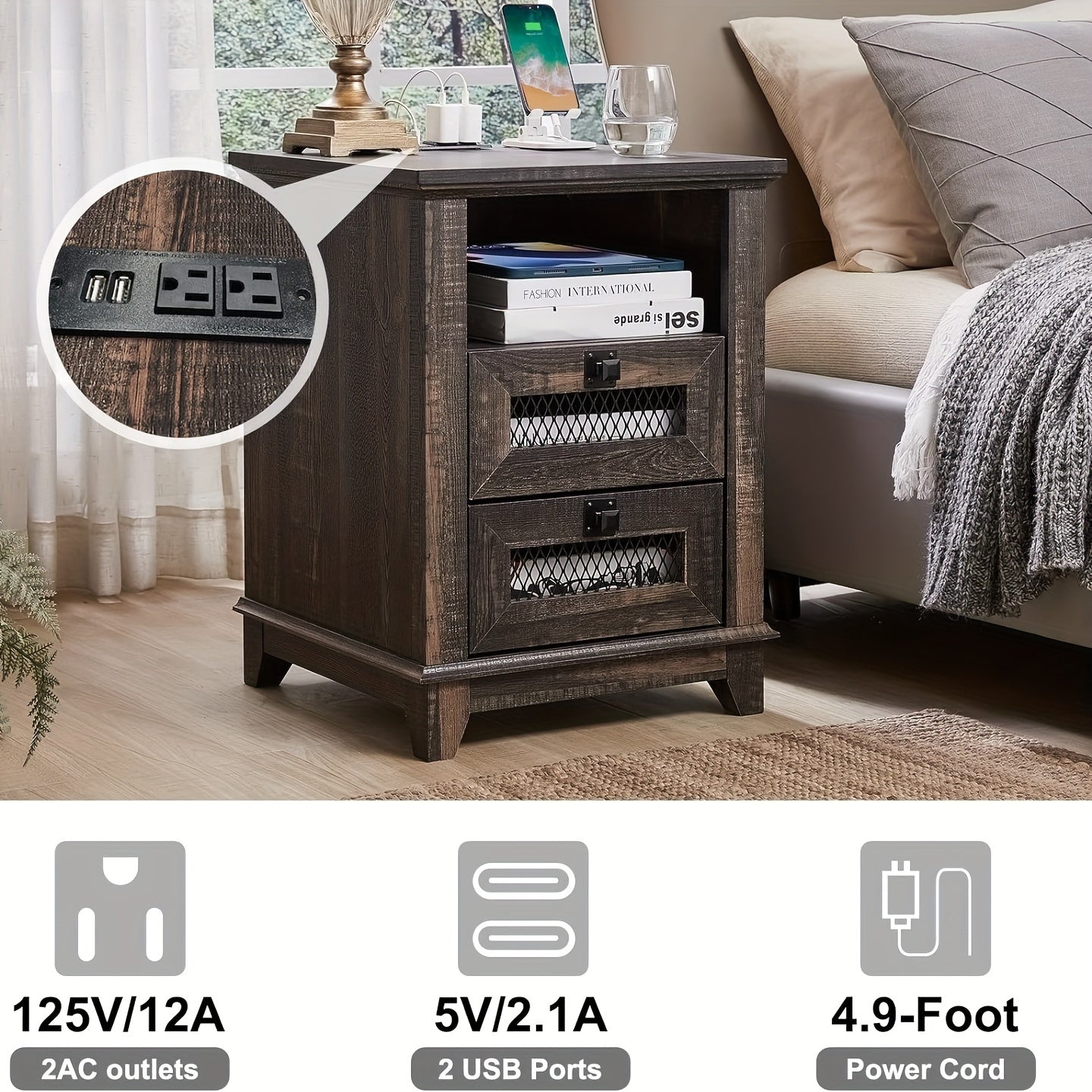 Nightstand With Charging Station, OKD 18'' Industrial & Farmhouse End Table With 2 Drawers & Open Cubby, Rustic Mesh Drawer Sofa Side Table W/Storage For Bedroom, Living Room, Office