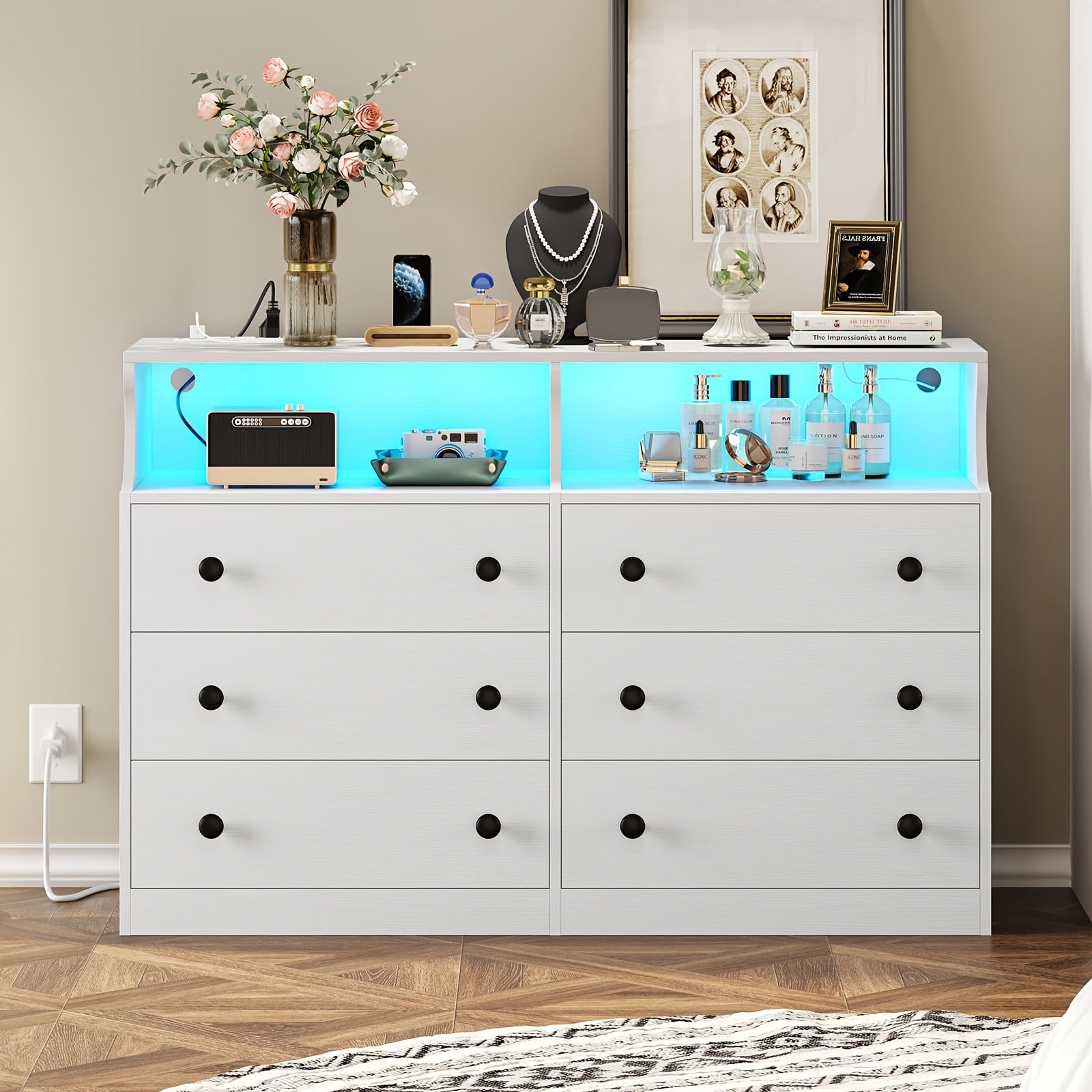 Bedroom Dresser 6 Drawer Double Dresser With Charging Station With Open Storage White - White - Dresser Westberry