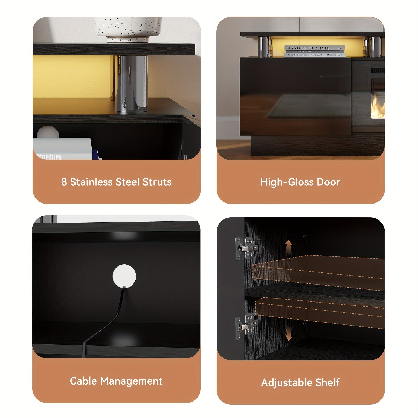 Fireplace TV Stand With 91cm Fireplace Modern High Gloss Fireplace Entertainment Center LED Lights TV Console Cabinet