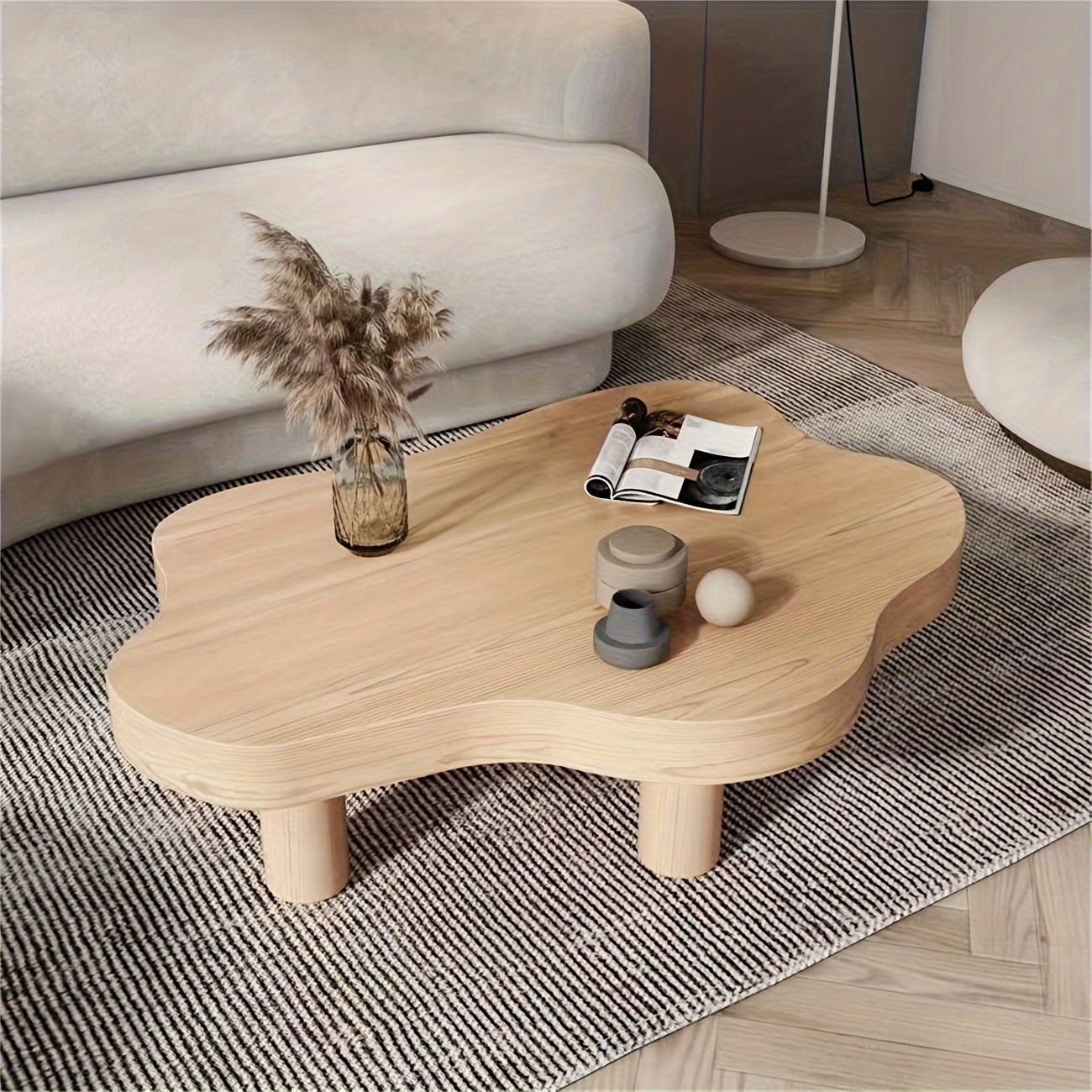 Cloud Shape Irregular Wood Coffee Table, Round Corner Thicken End Table, Cute Accent Modern Coffee Cocktail Table with 3 Legs for Living Room Furniture