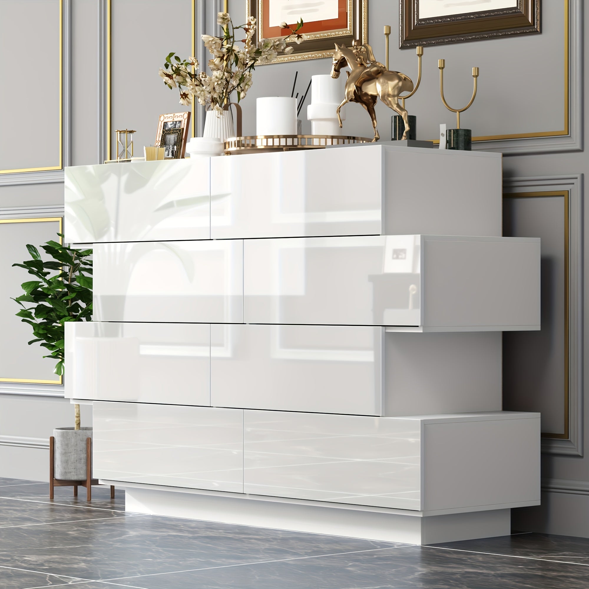 Modern Glossy Drawer Cabinet Storage Cabinet With 8 Drawers Asymmetrical Design Fashionable And Minimalist Design Large