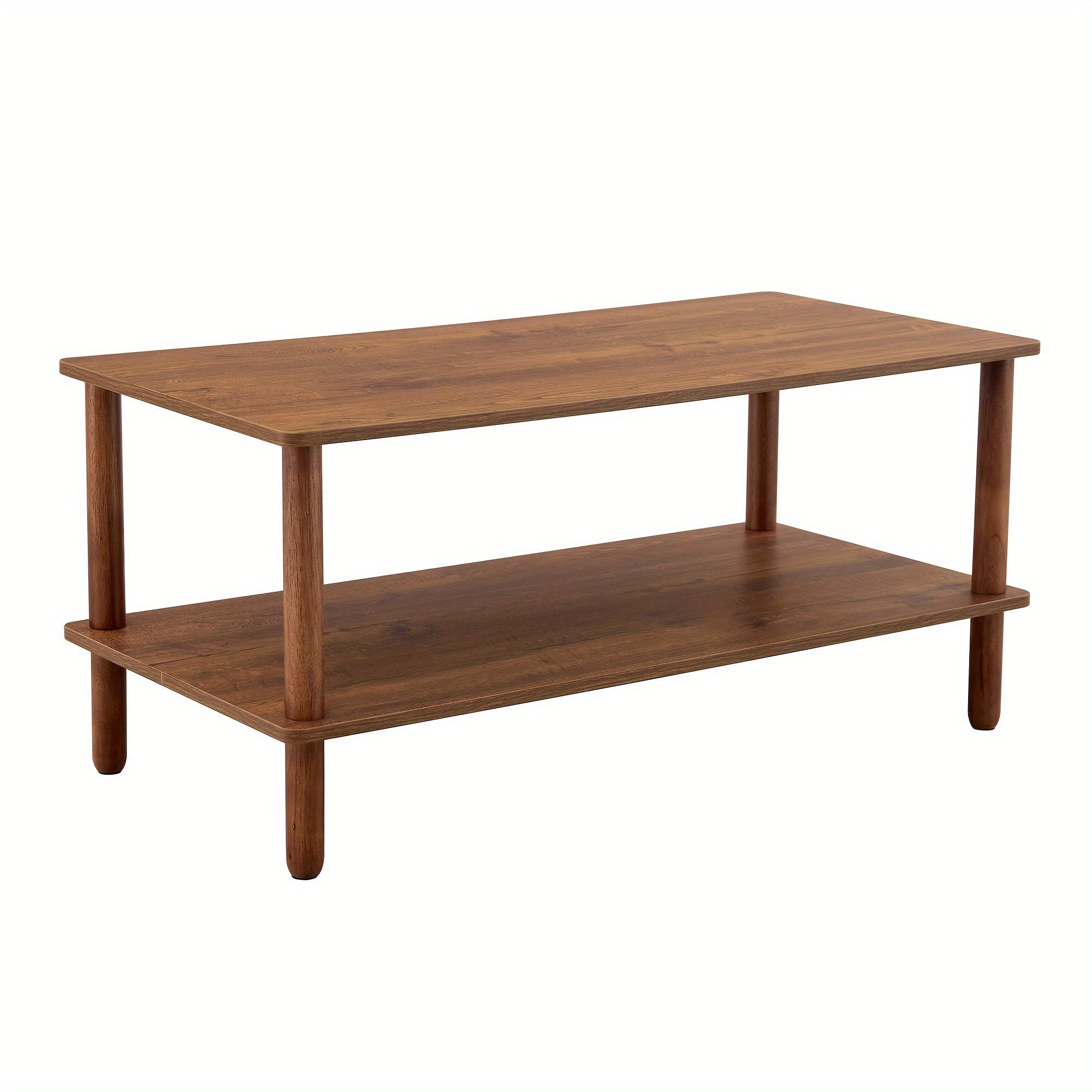 1pc Rustic Style 2-Tier Coffee Table with Open Storage Shelf - Engineered Wood Frame, Walnut Finish, Space-Saving Rectangular Center Table for Living Room, Easy Assembly, Rubberwood Legs