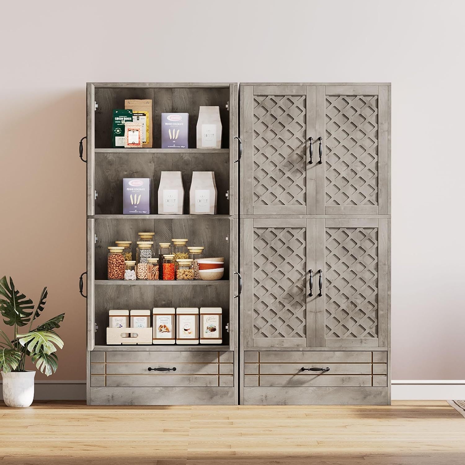 Tall Kitchen Pantry, Farmhouse Pantry Storage Cabinet with Doors, Shelves and Drawer, Large Rustic Wood Food Pantry Cupboard for Kitchen, Dining Room, Bathroom, Storage Racks for garage