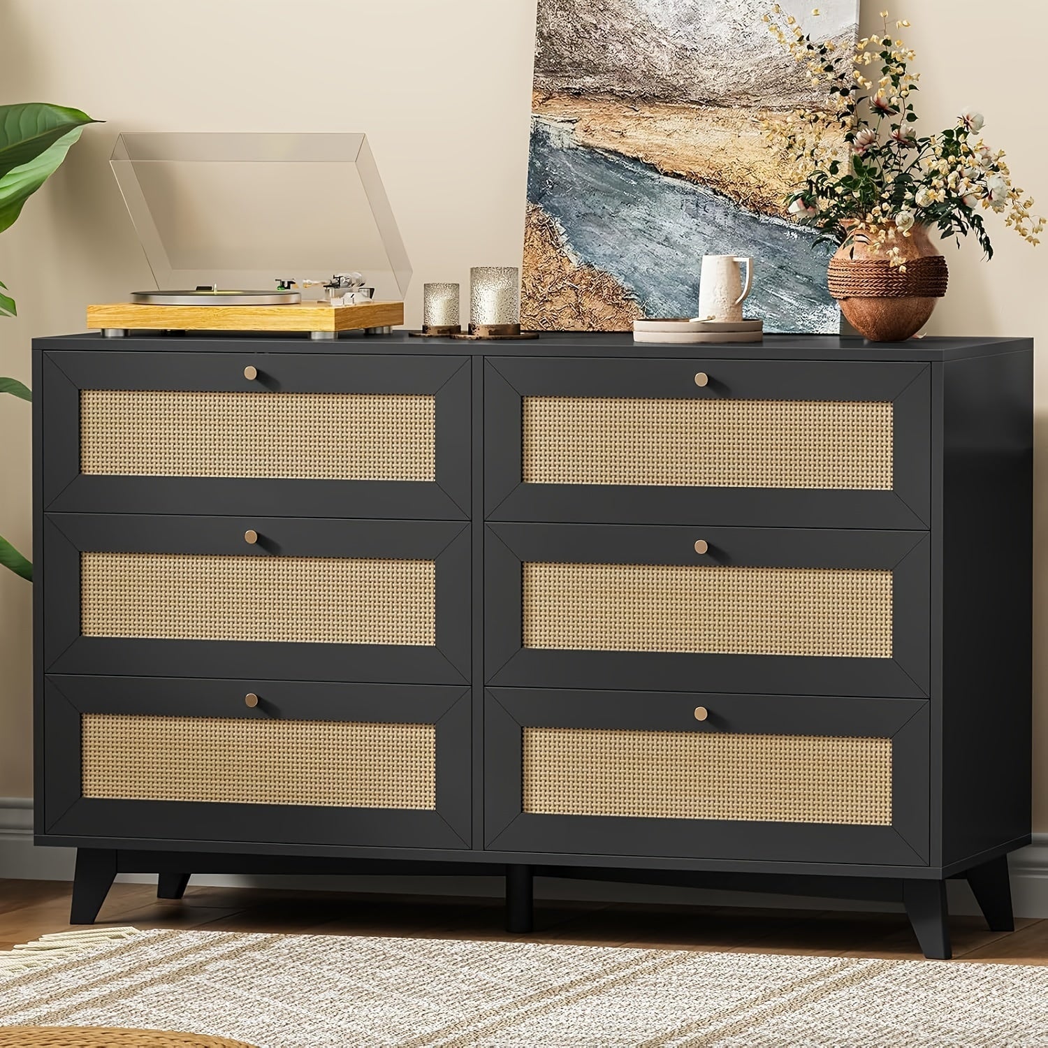 Rattan 6 Drawers Dresser For Bedroom Modern Double Wooden Wide Dresser Chest Of Drawers With Metal Handle For Living Room, Black