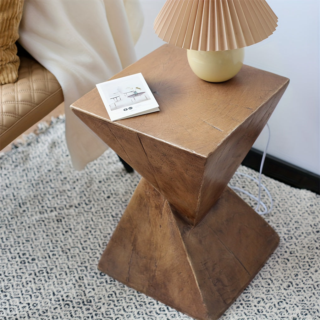 Versatile Z-Shaped Side Table - Lightweight Concrete, Square Top End Table with Twist Stool Feature for Outdoor & Indoor Use, Natural Wood Finish, AESOME