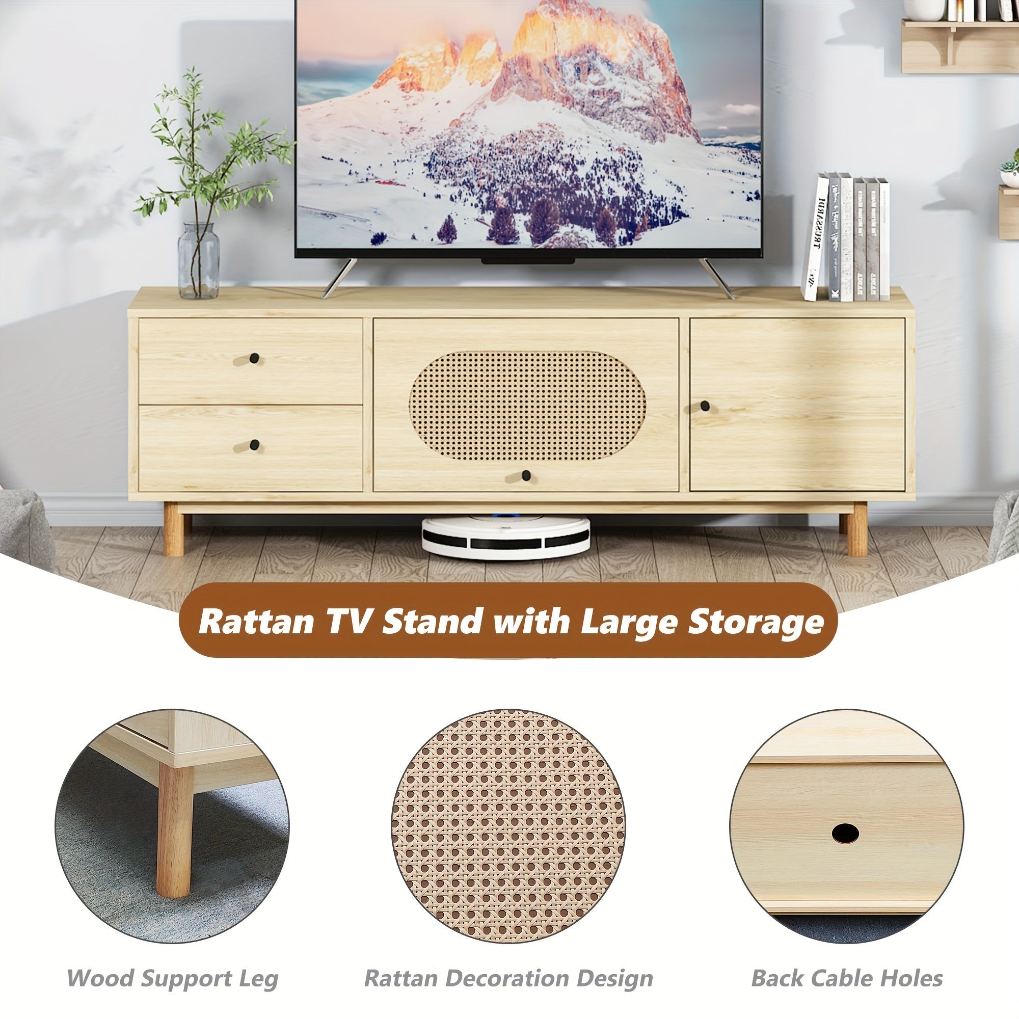 Spacious Boho Chic TV Stand with Rattan Door & 2 Drawers - Mid-Century Modern Wooden Media Center on Solid Oak Legs, Open Storage for TVs up to 65", Ideal for Living Room