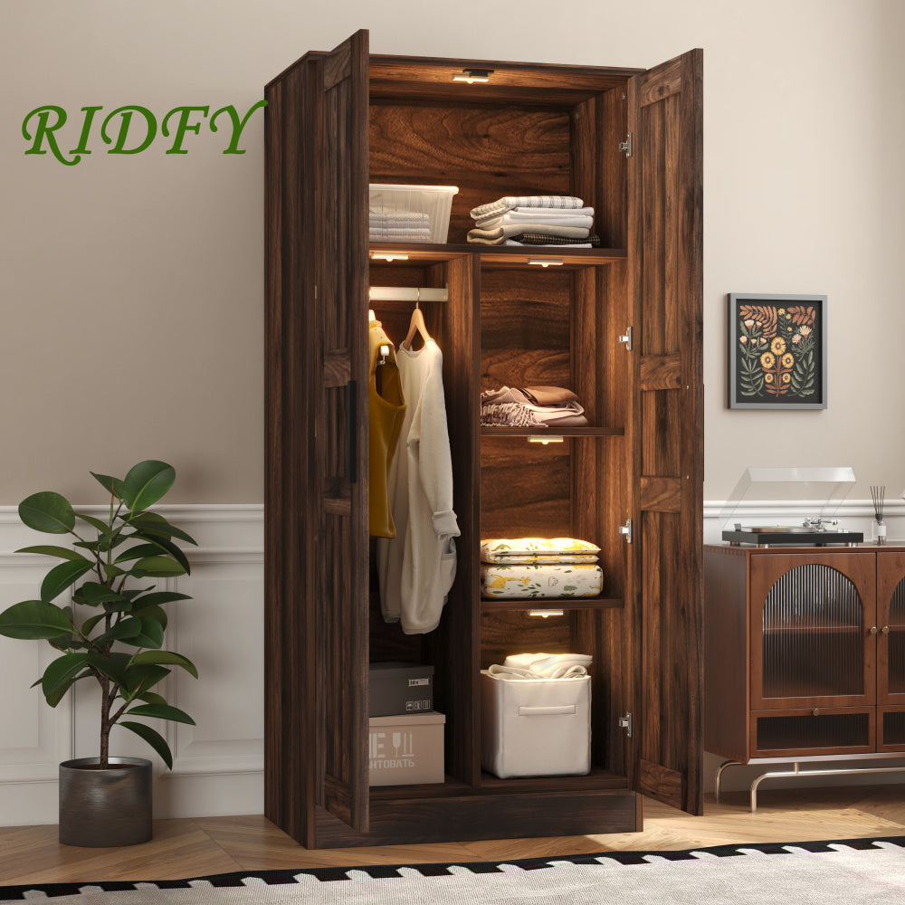 Vintage Hardwood Armoire Wardrobe with USB-Powered LED Illumination, MDF Fiberboard Construction, Floor Mounted, Brown - Spacious Bedroom Storage Closet with 4 Shelves and Sturdy Design