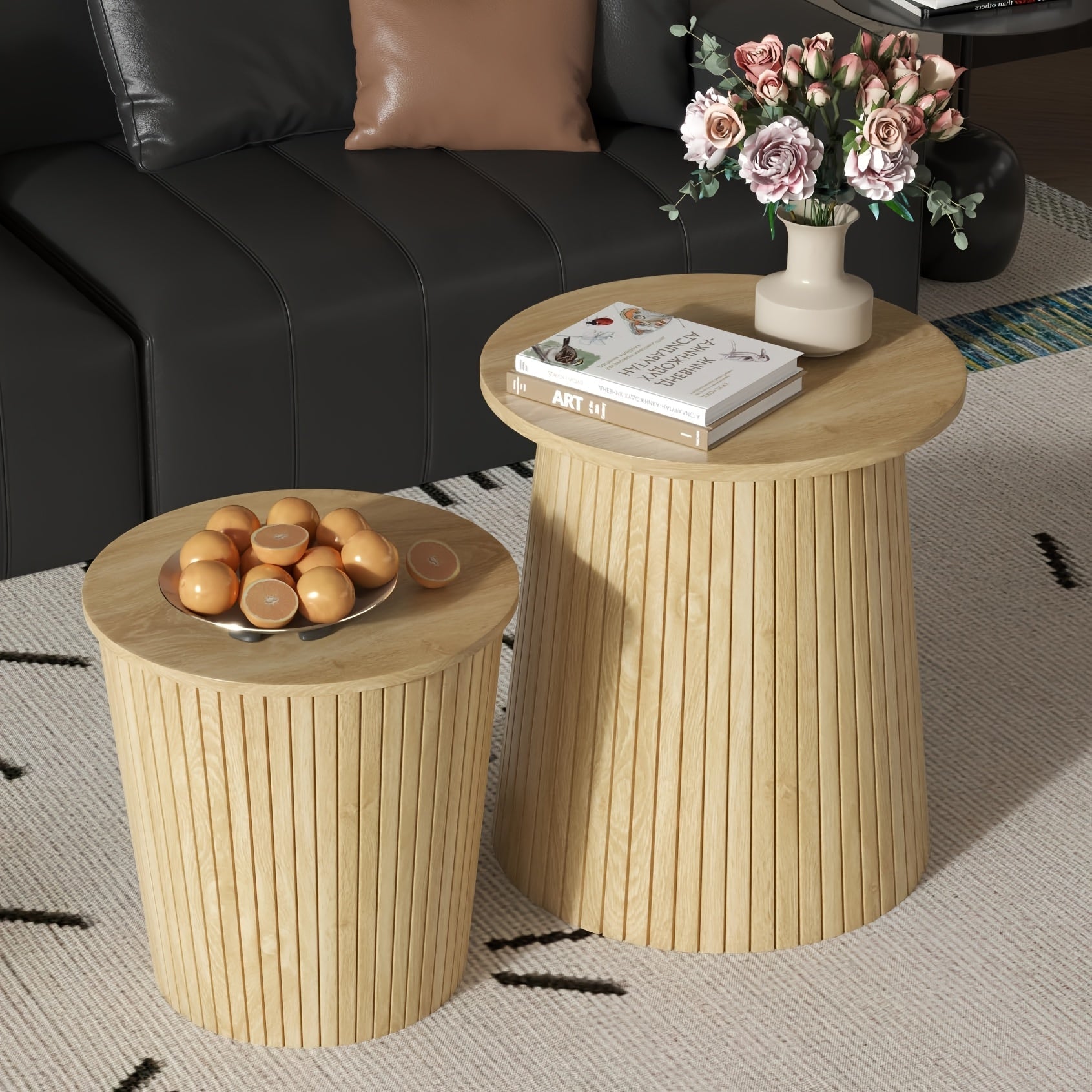 Round Coffee Table Set Of 2, 2pcs Modern Farmhouse Living Room End Table Set, Nesting Table Round Finish With Fluted, Storage For Living Room