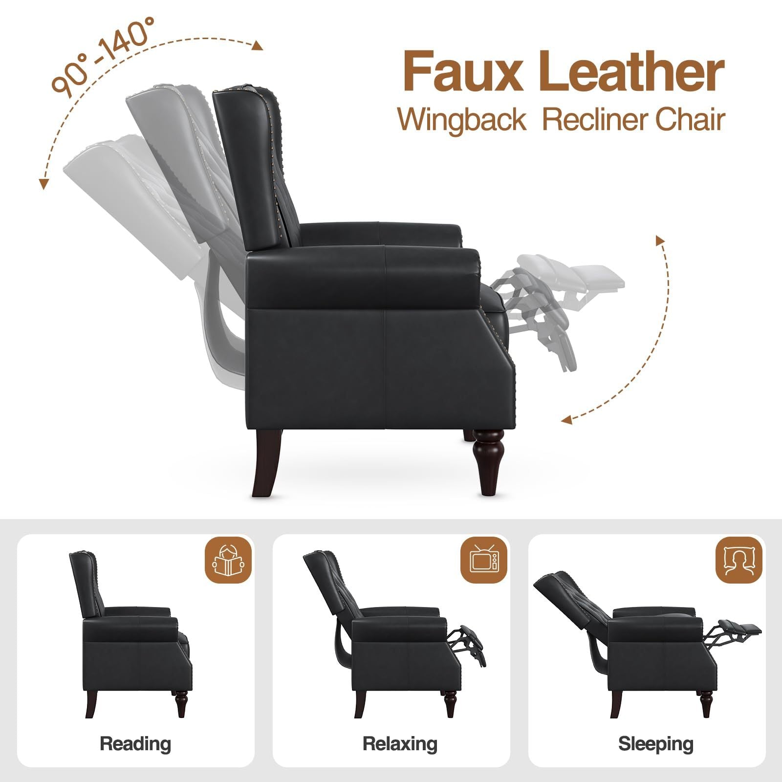 Faux Leather Recliner, Single Sofa Chair with Riveted Inlay and Tufted Buttons, Adjustable Back Armchair, Lazy Club Chair with Wooden Legs, Black