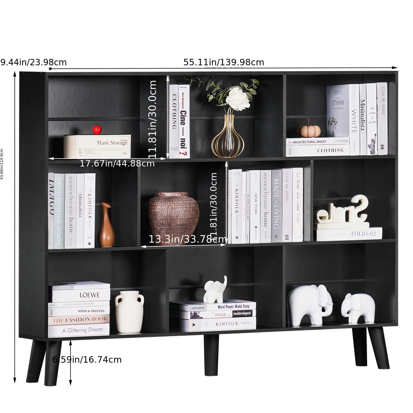 10 Cube Bookshelf, 3 Tier Modern Wide Bookcase With Legs, Mid-Century Wood Bookshelves Storage, Book Case, Freestanding Organizer Display Shelf For Bedroom