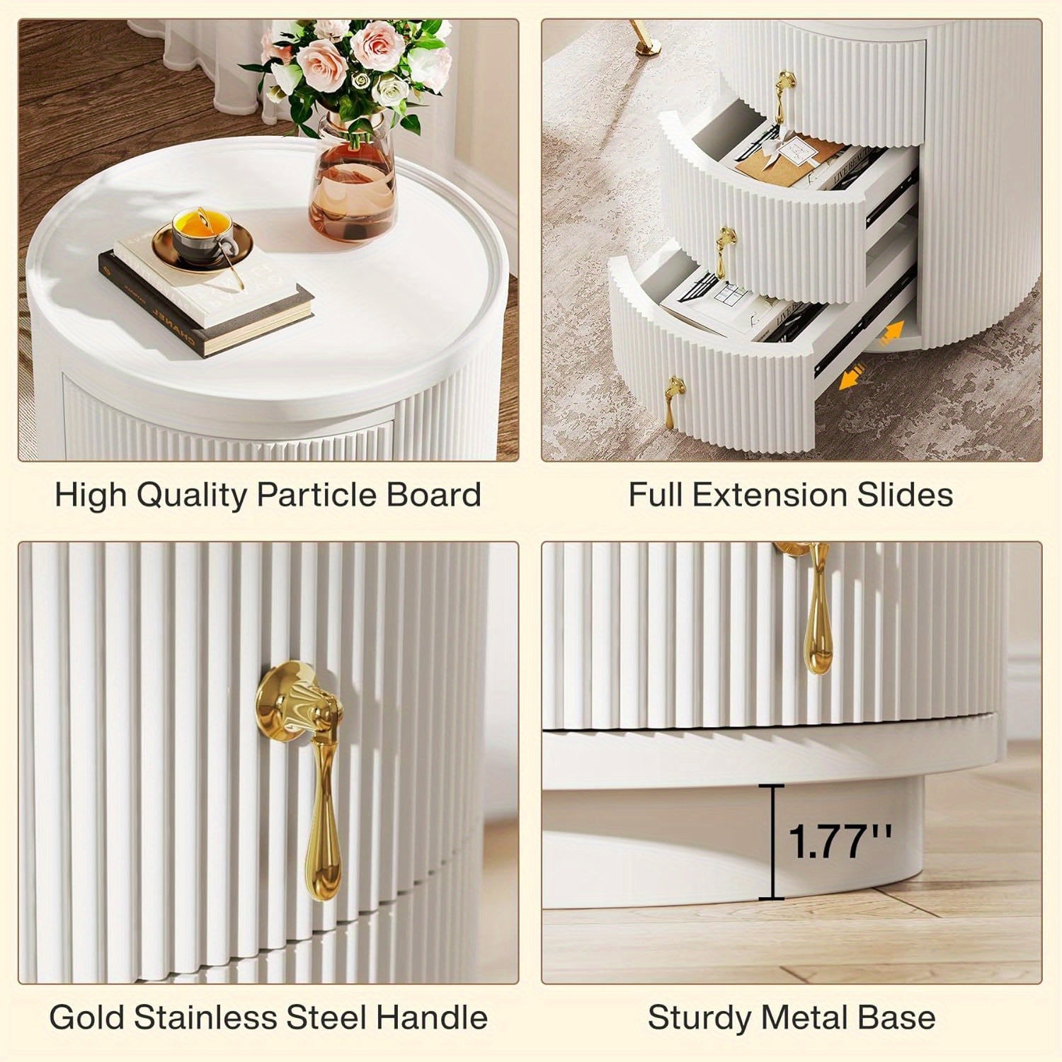 No Assembly Nightstand with 3 Drawers, Modern Round Bedside Table Night Stand for Bedroom, End Table Side Table with Storage and Gold Handles, White