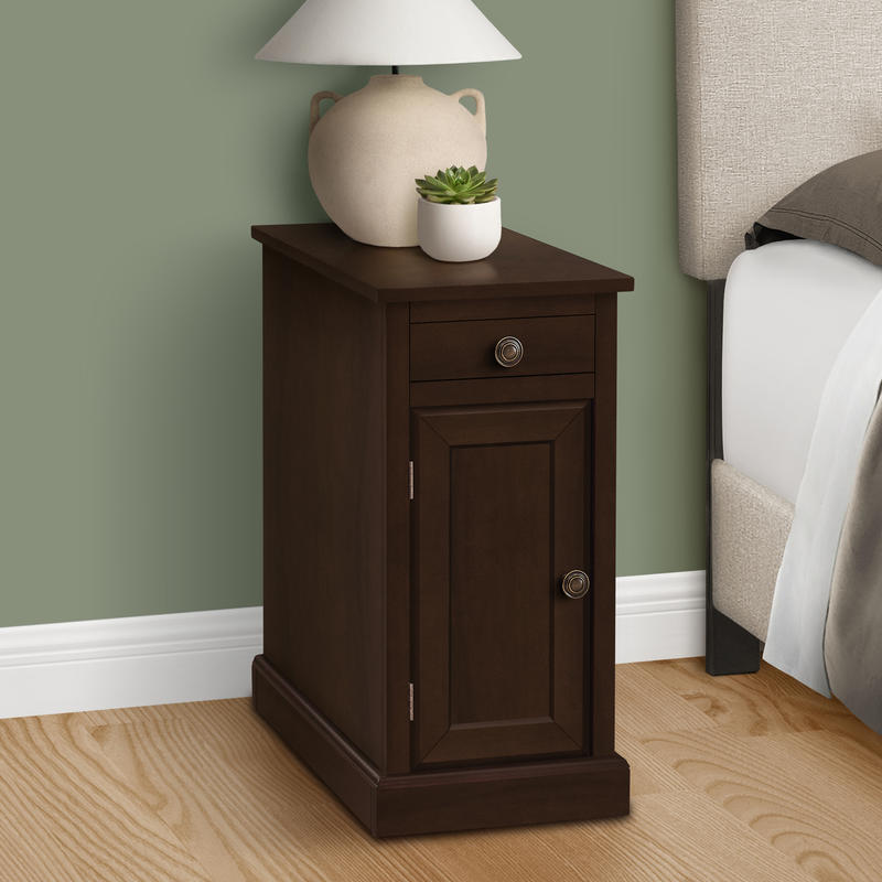 Accent Table, End, Side Table, Nightstand, Narrow, Bedroom, Lamp, Storage Drawer, Brown Veneer, Traditional-Suitable for Shopping Malls, Homes, Restaurants, And Offices.