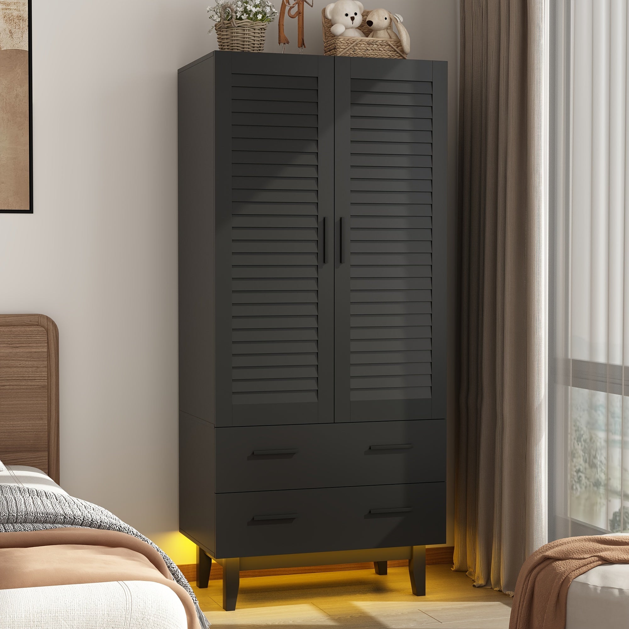 2 Door LED Wardrobe Closet Cabinet With Drawers, Multi-Tier Shelves, Hanging Rod & 2 Louver Doors, Large Capacity Storage Wardrobe Armoire For Bedroom