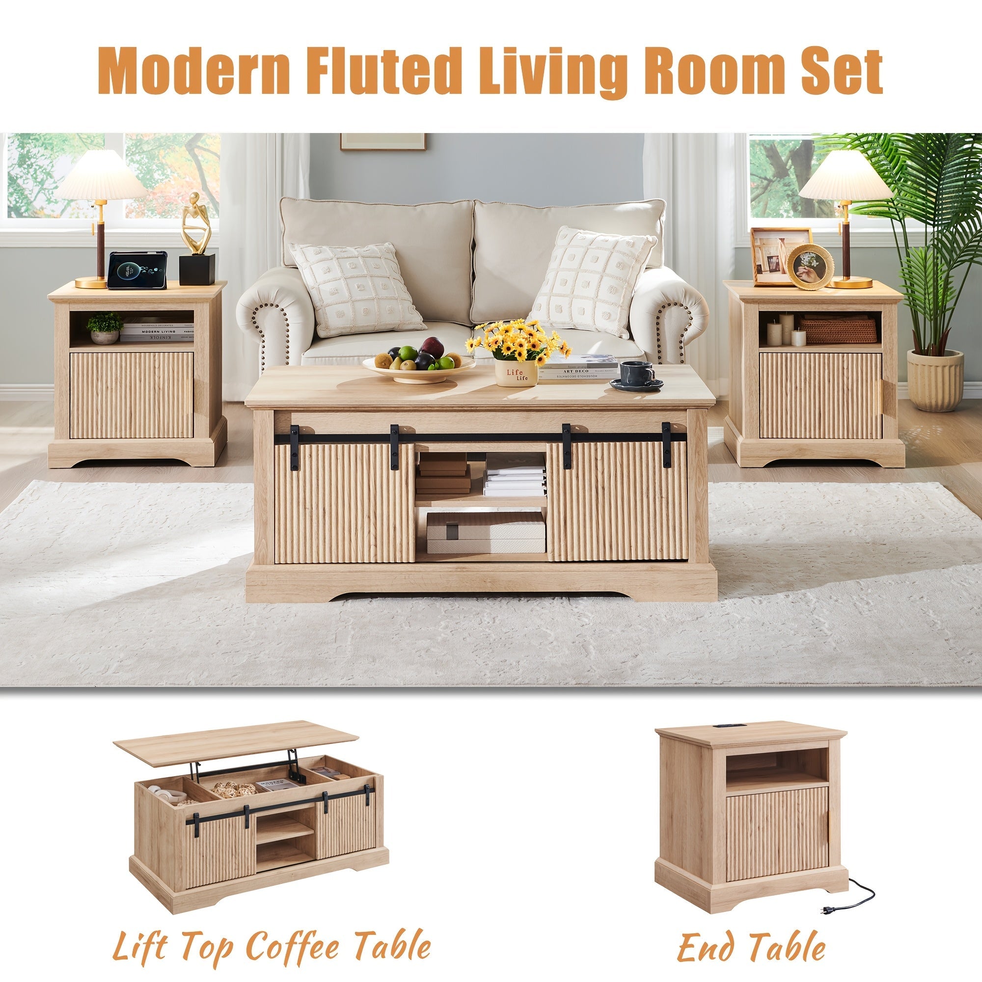 Modern 117cm Fluted Lift Coffee Table with Hidden Storage - Adjustable Height Sliding Door & Shelf Convertible Wooden