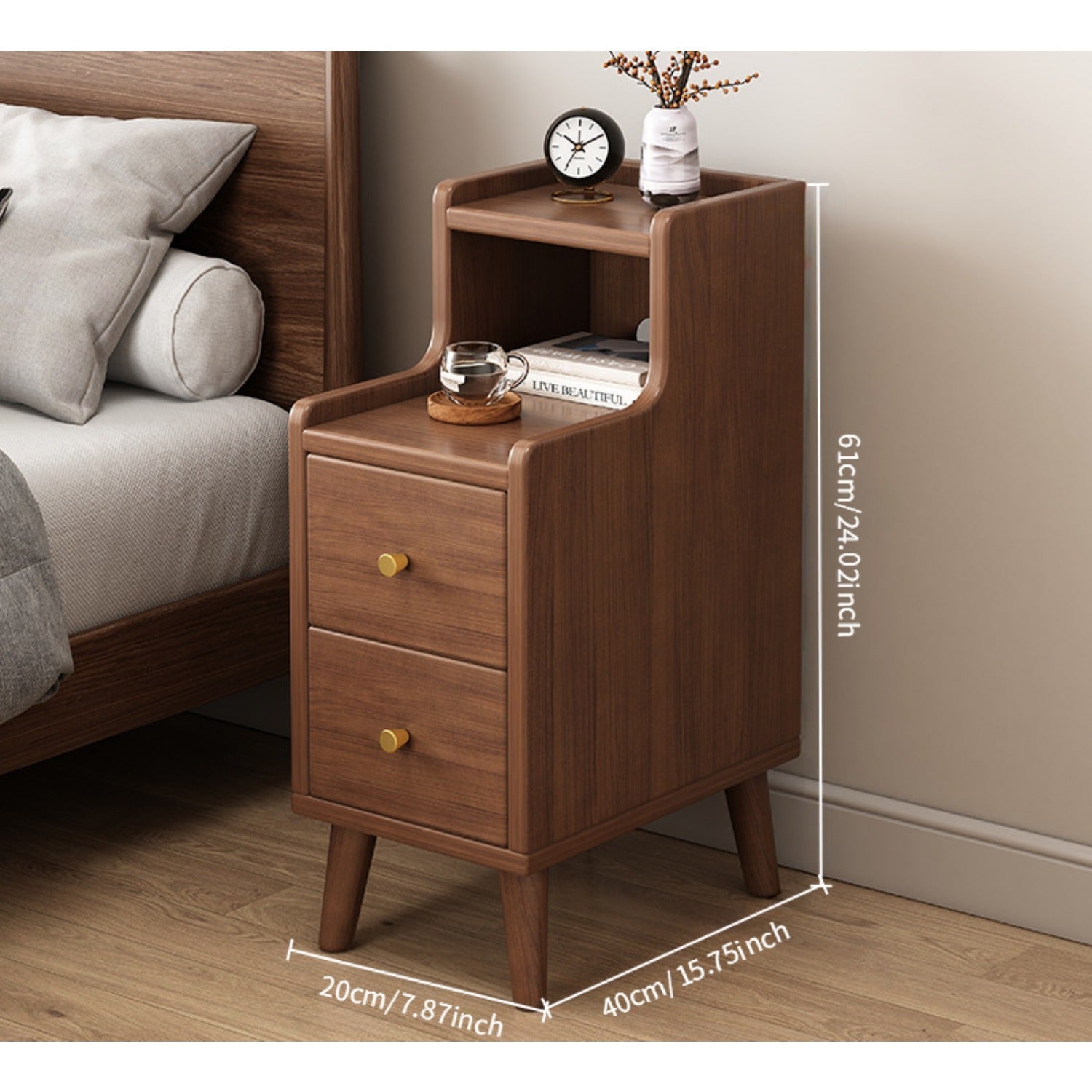 Solid Wood Nightstand with 2 Drawers, Multifunctional Bedside Table, Space-Saving Design, with Sliding Drawer and Open Storage Shelf for Small Bedroom