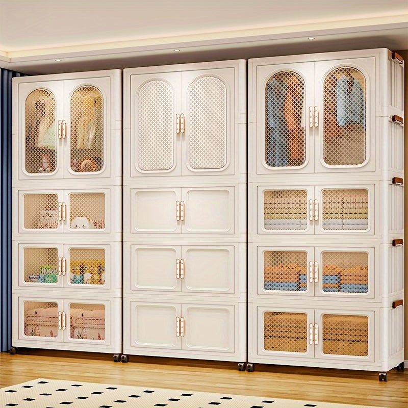 Multifunctional Wardrobe Organizer, Easy to Assemble, Plastic Storage Bins with Lids, Closet Organizers And Storage Cabinets, Foldable Clothes Storage Cabinets, Front Double Doors Or Top Lid Opens, Magnetic Lock Design, Cream