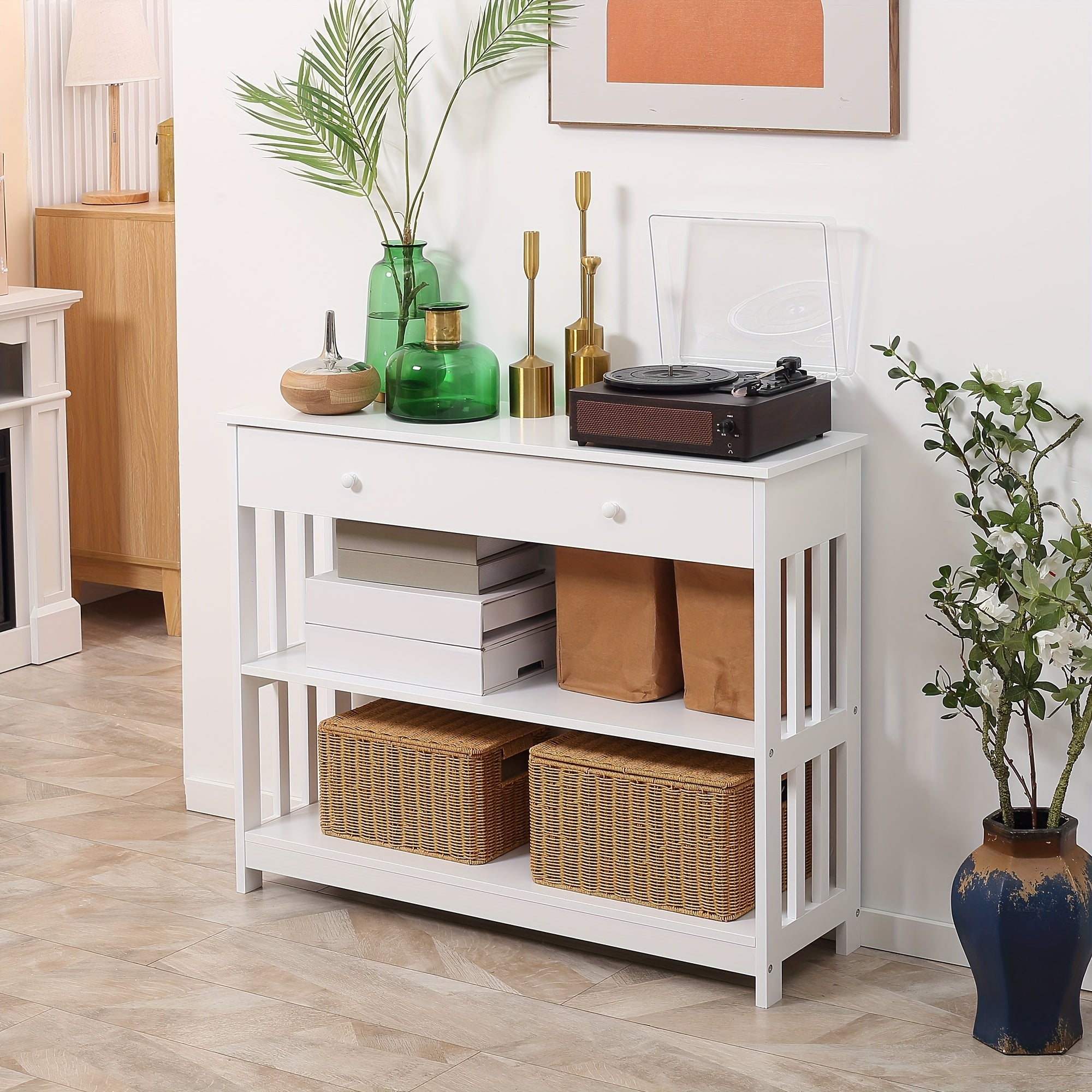 Console Hallway Table With Extra Wide Pull Out Drawer, 2 Open Shelves And Slatted Wood Frame Design, White