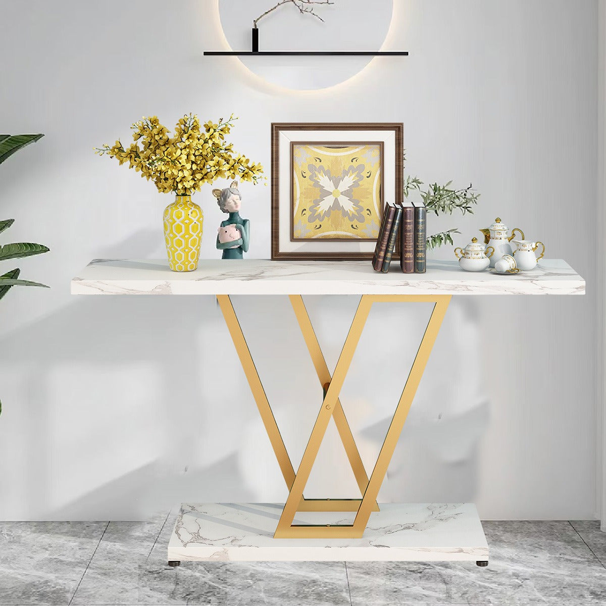 Console Table: 42-Inch Industrial Entryway Table for Living Room - Narrow Sofa Table with Sturdy Metal Frame, Easy Assembly in Elegant Golden/ White - Perfect for Holiday Decor and Creating a Warm, Welcoming Entrance This Sea