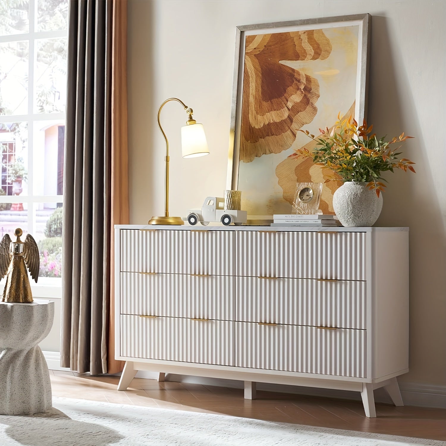 Fluted 6 Drawers Dresser 138cm Wide Modern Chest of Drawers with Faux Marble Top Curved Profile Design Dresser TV Stand