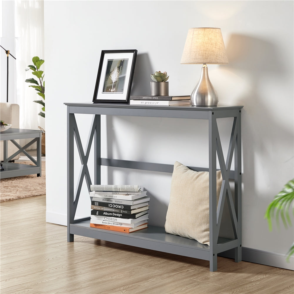 Costoffs Narrow Wood Entryway Table 2 Tier Console Table for Entryway X-Design Bookshelf Accent Table w/Storage Shelf for Living Room Entry Hall Foyer