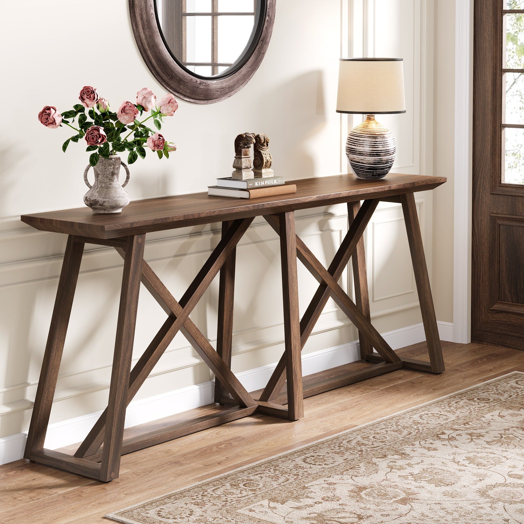 Farmhouse Console Table for Entryway: 70.9-Inch Extra Long Entryway Entry Table, Narrow Wooden Sofa Table Behind Couch for Hallway, Entrance, Foyer, Living Room, Rustic Brown, Halloween Decor, Spider Web Decor