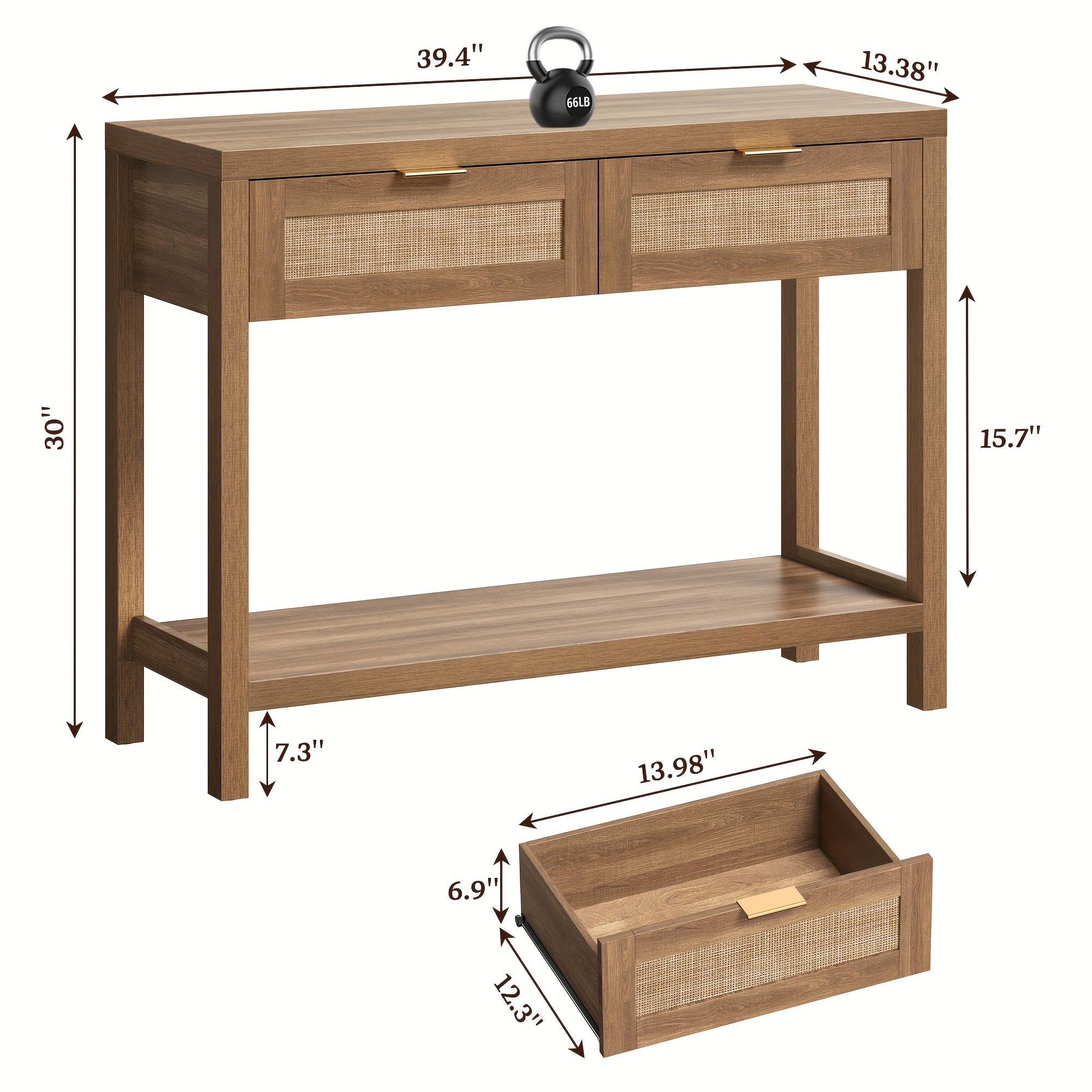 Rattan Console Table With Drawers, Wood Narrow Sofa Table Entryway Table For Hallway, Living Room