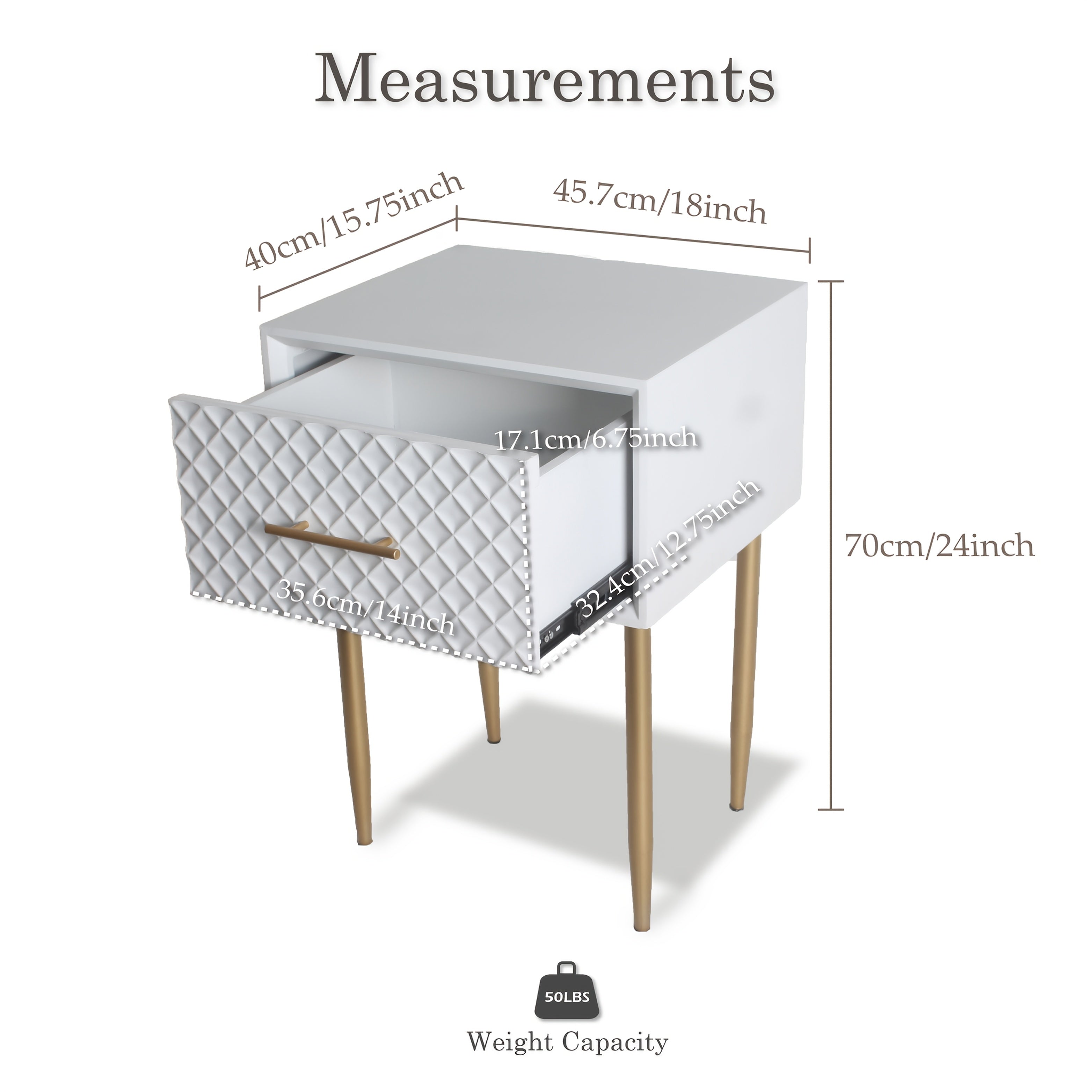 Elegant Farmhouse-Style White Nightstand with Golden Legs, Waffle Pattern Drawer - Modern Diamond Motif Side Table, Durable MDF, Easy Assembly, Perfect for Stylish Bedrooms, Stylish Nightstand|Modern Farmhouse Style|Plantsurr