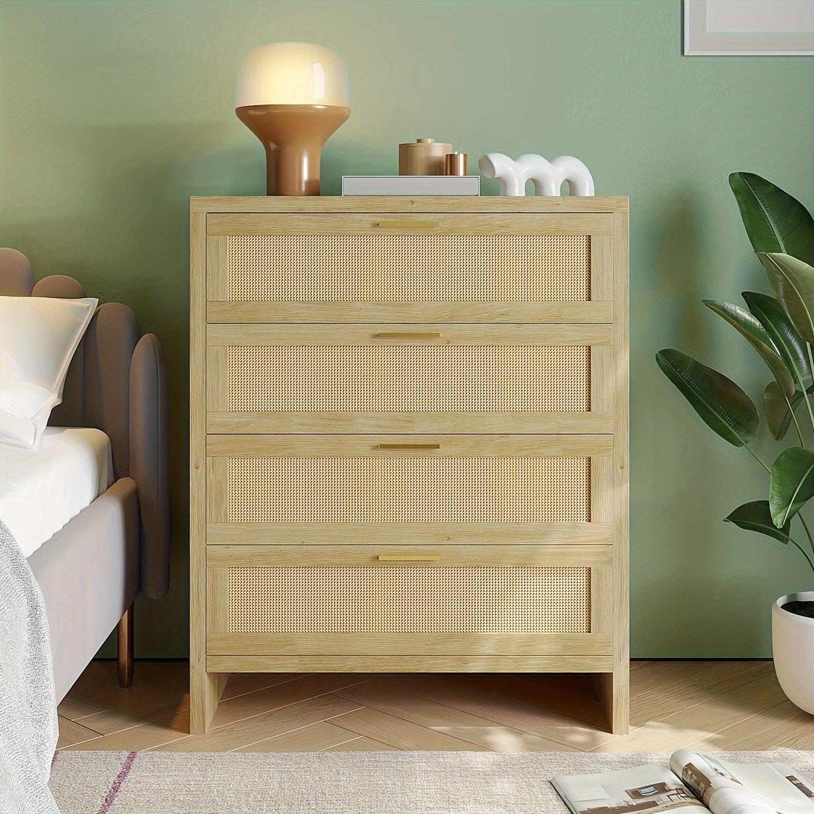 41.5" Rattan Chest With 4 Drawers, Metal Handles